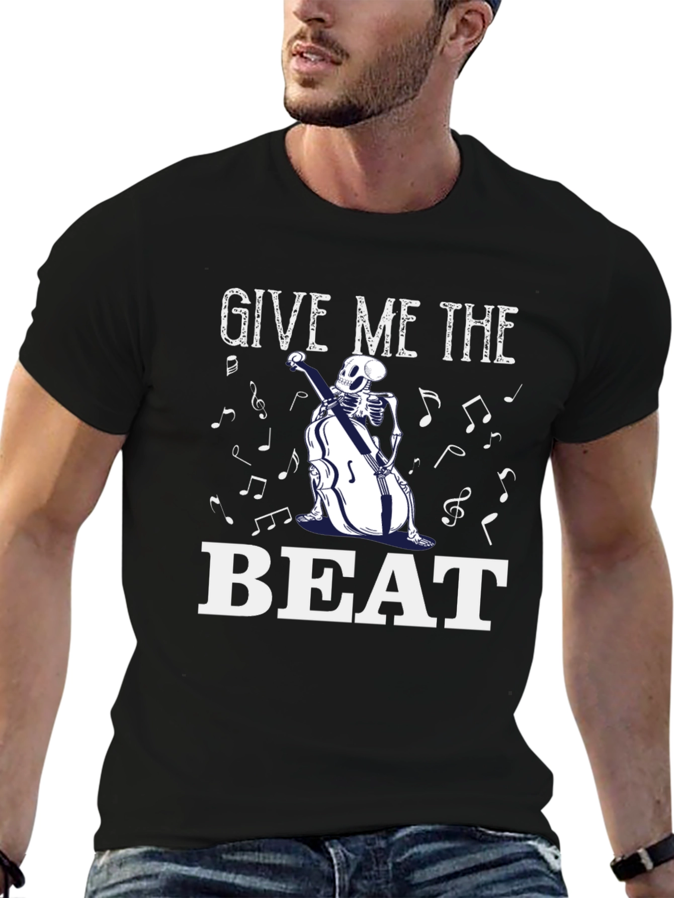 Give Me the Beat Skeleton Musician Black T-Shirt