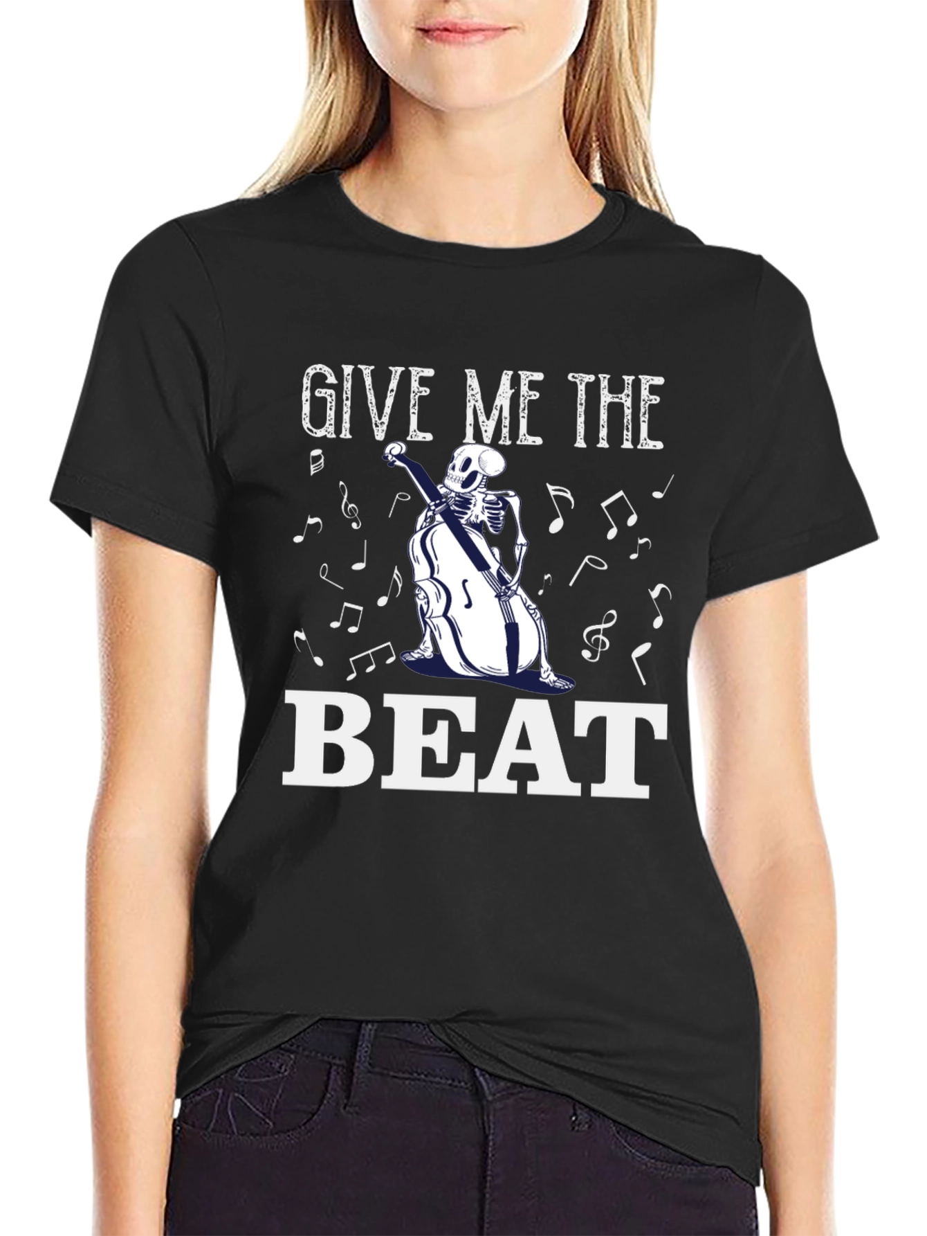 Give Me the Beat Skeleton Musician Black T-Shirt