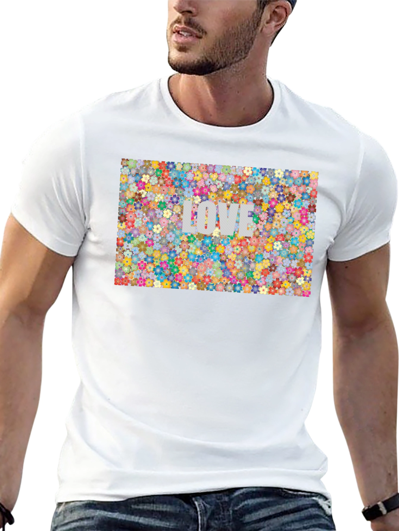 Floral LOVE Print T-Shirt - Stylish Black Tee