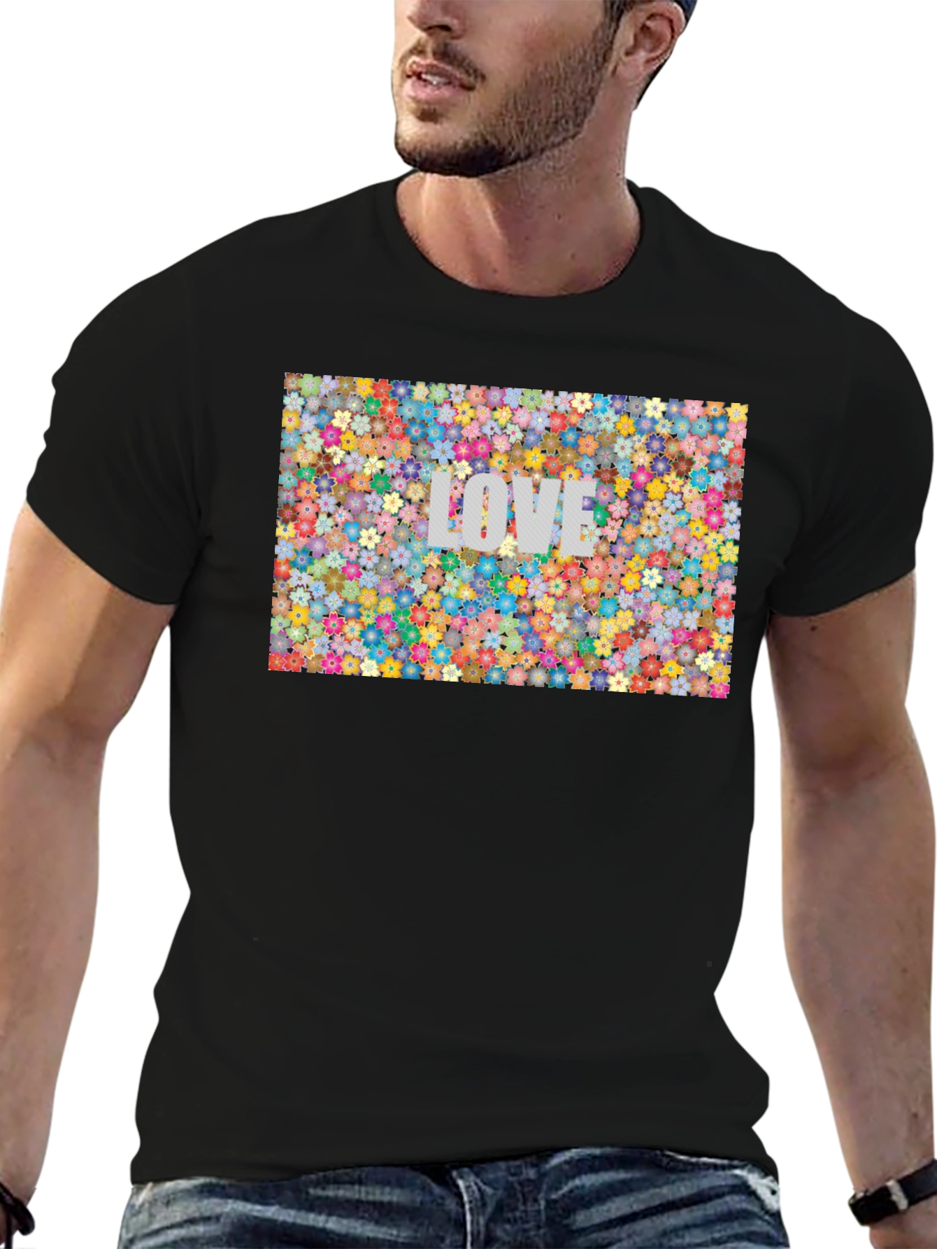 Floral LOVE Print T-Shirt - Stylish Black Tee