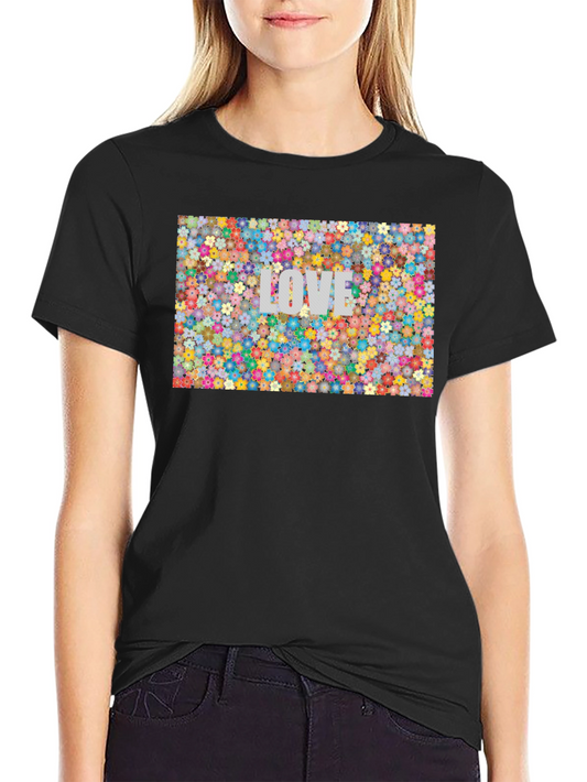 Floral LOVE Print T-Shirt - Stylish Black Tee