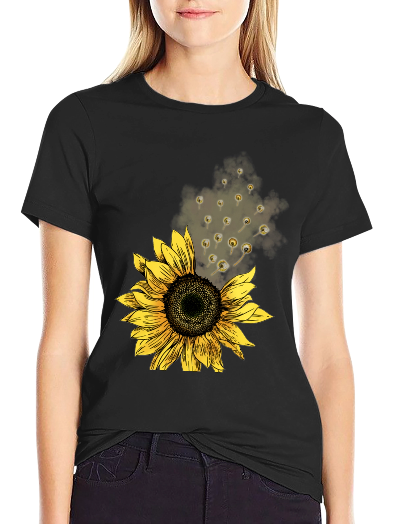Sunflower Print Mens Black Tee