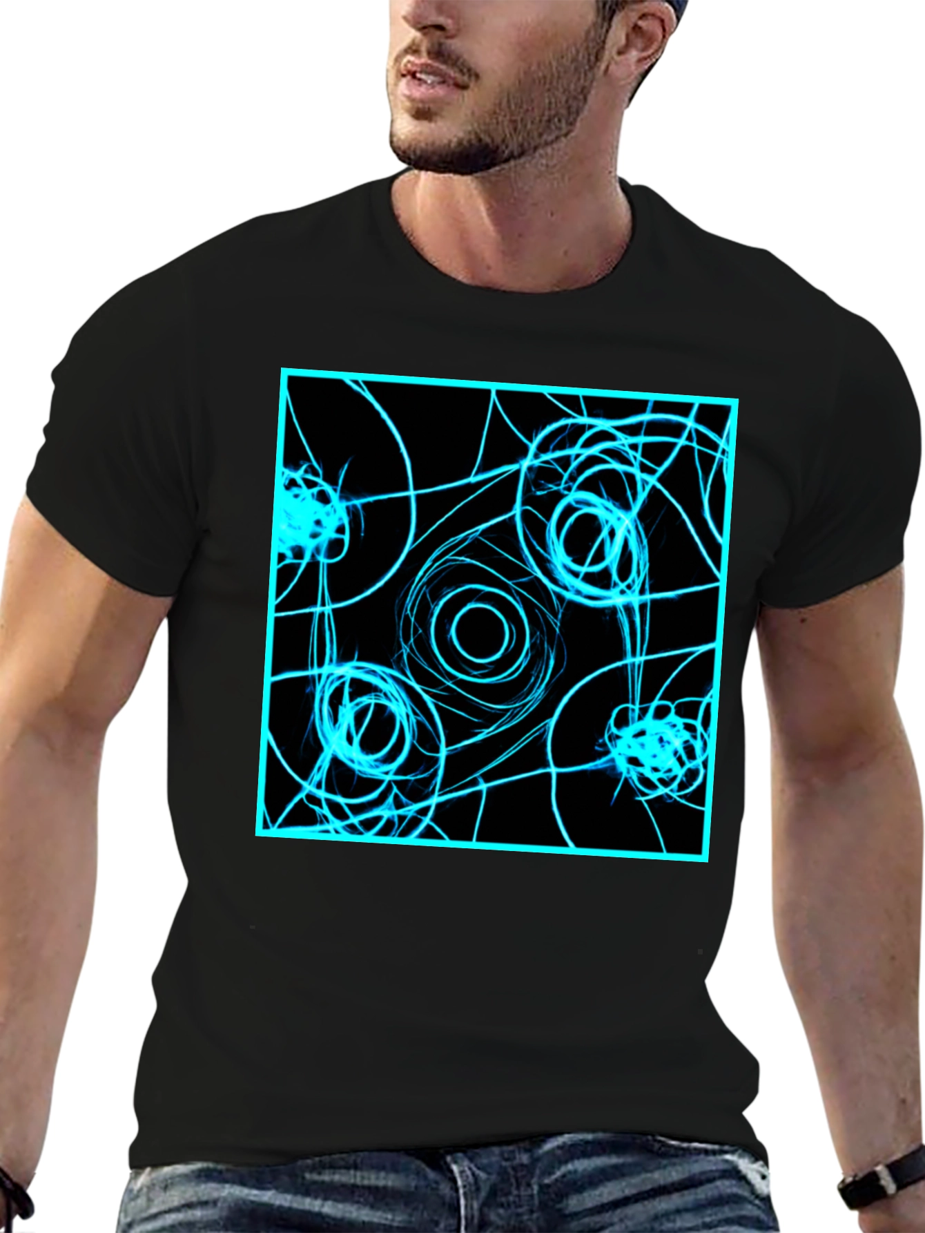 Abstract Geometric T-Shirt: Electric Blue on Black