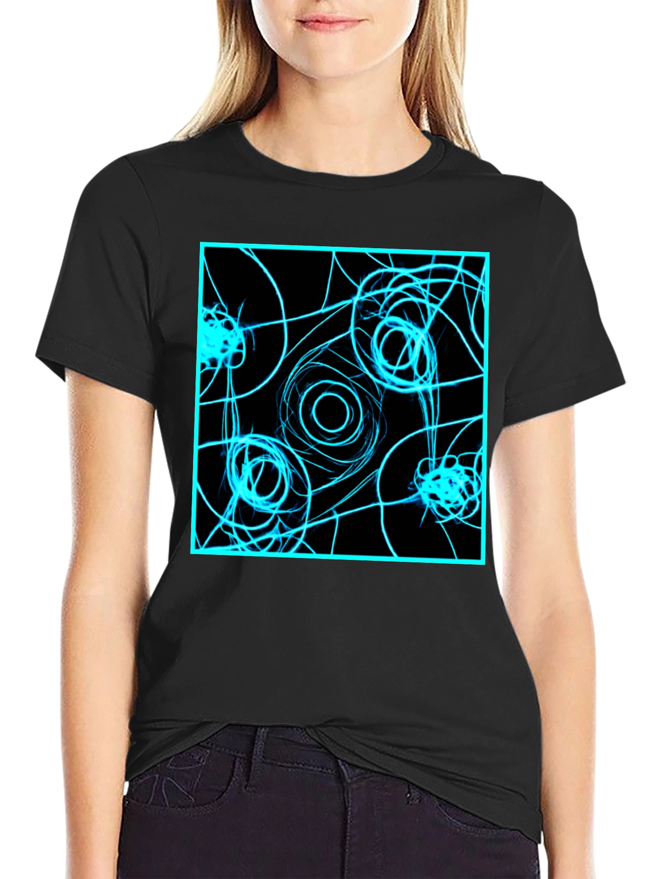 Abstract Geometric T-Shirt: Electric Blue on Black