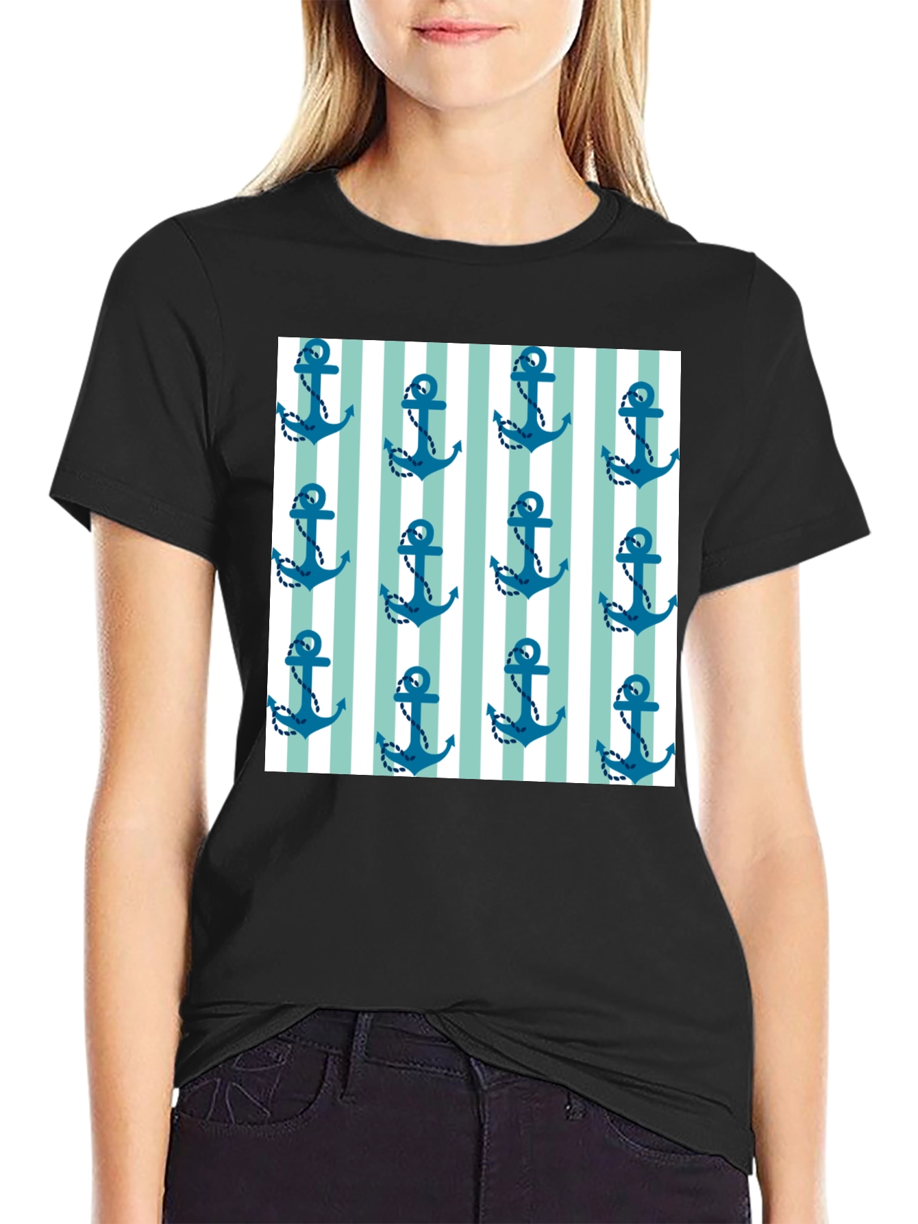 Nautical Anchor Striped Pattern Black Tee