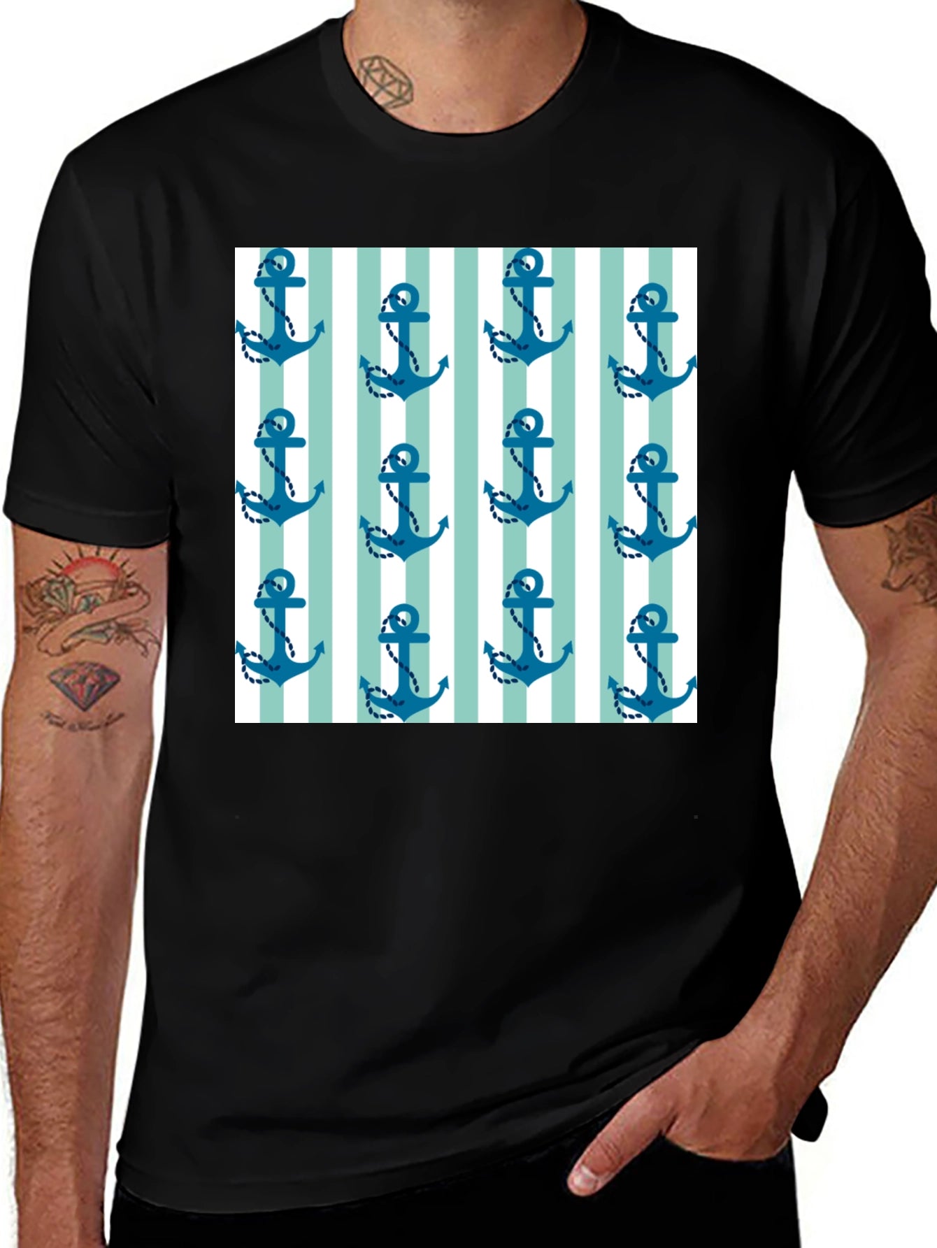 Nautical Anchor Striped Pattern Black Tee