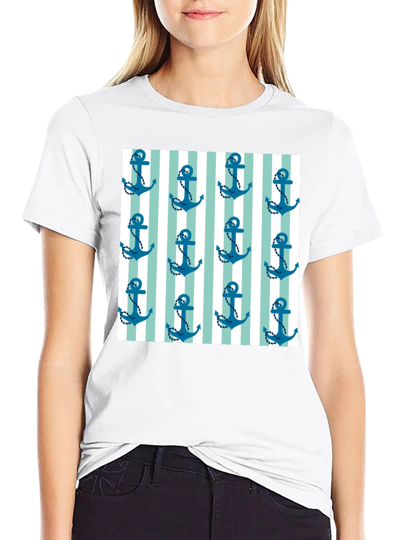 Nautical Anchor Striped Pattern Black Tee