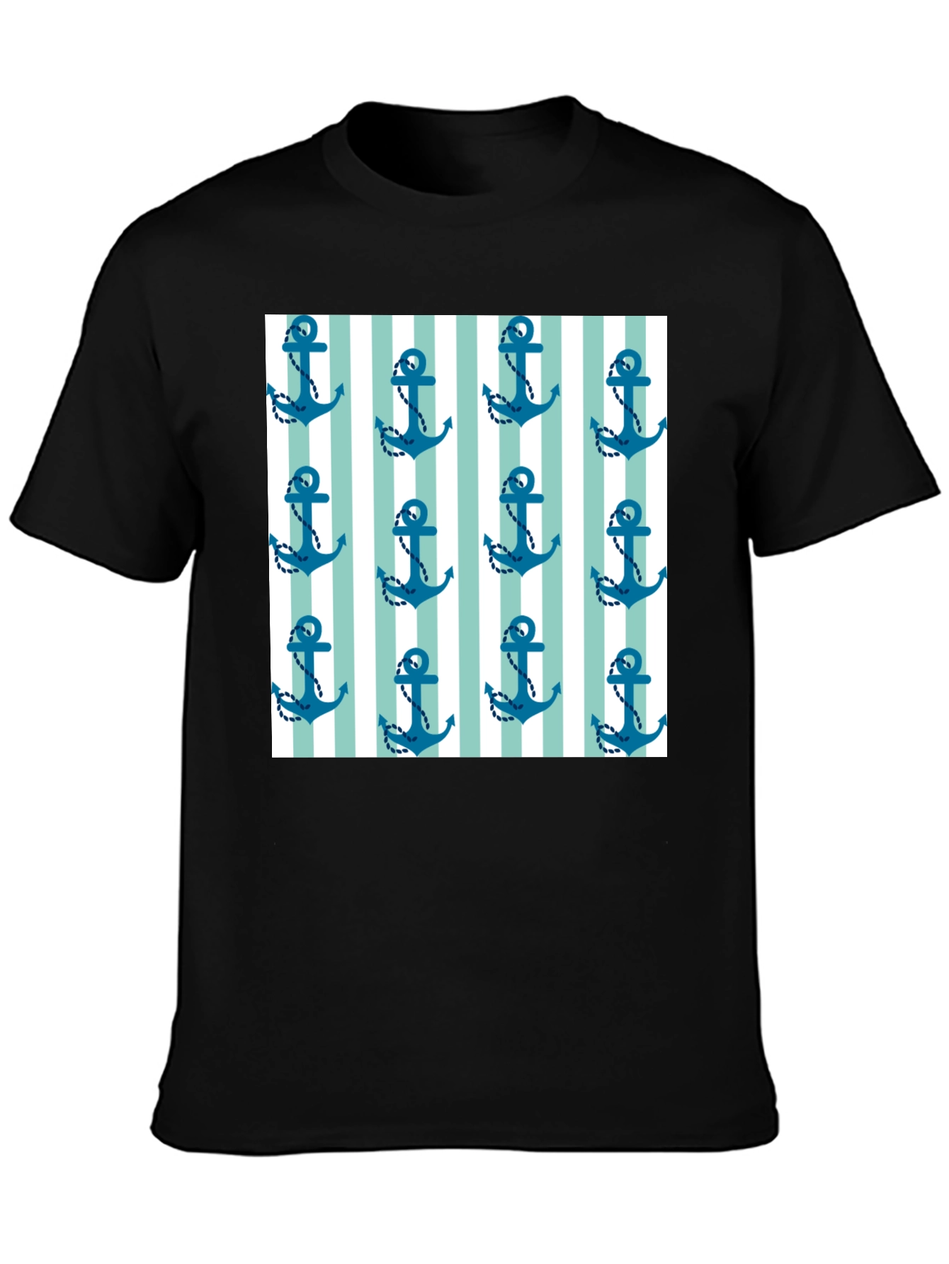 Nautical Anchor Striped Pattern Black Tee