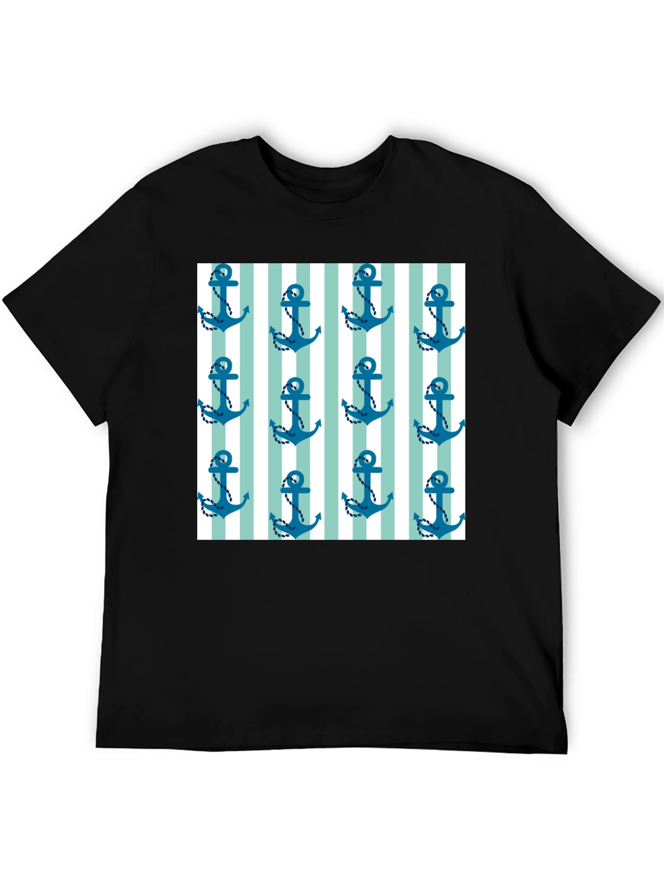Nautical Anchor Striped Pattern Black Tee