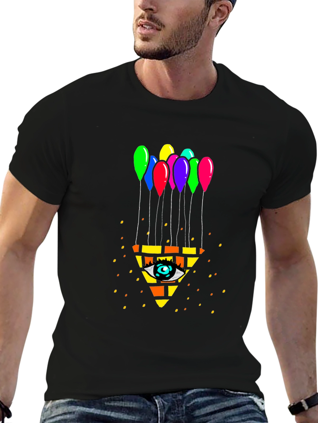 Eye Pyramid Balloons Graphic Black T-Shirt