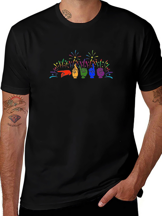 Pride ASL Hand Sign Fireworks Graphic Tee