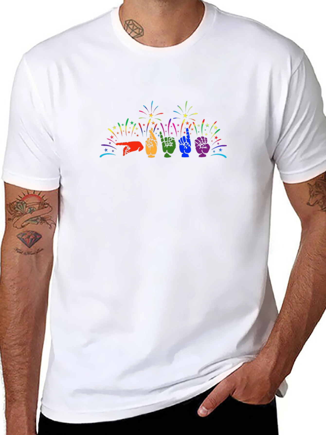 Pride ASL Hand Sign Fireworks Graphic Tee