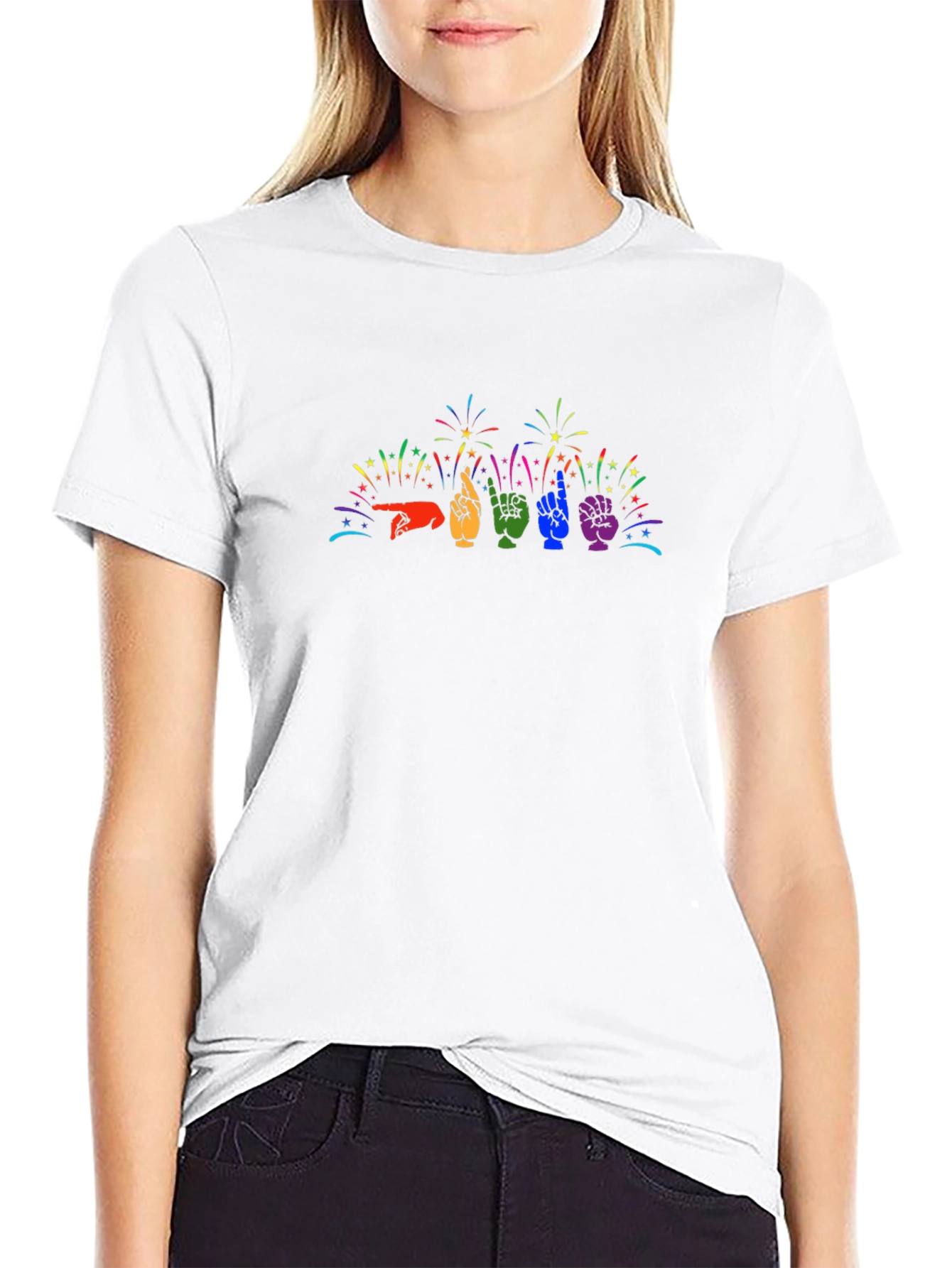 Pride ASL Hand Sign Fireworks Graphic Tee