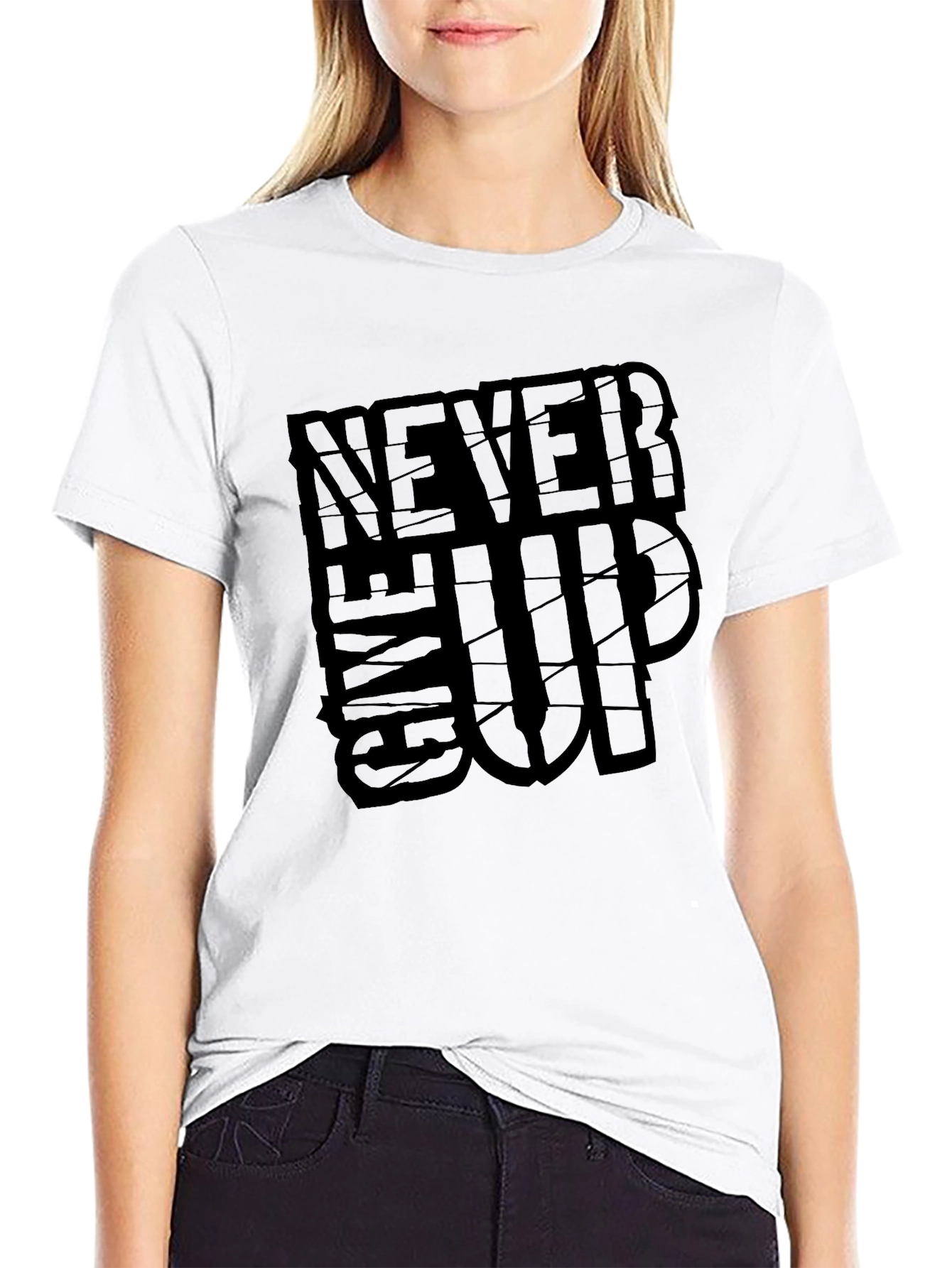 Never Give Up Graphic Print Black T-Shirt