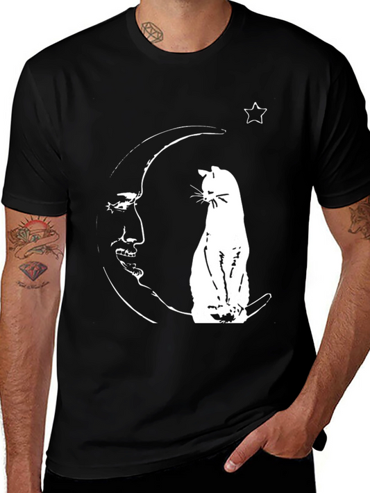 Cat On Moon Graphic Tee - Black Cotton Shirt