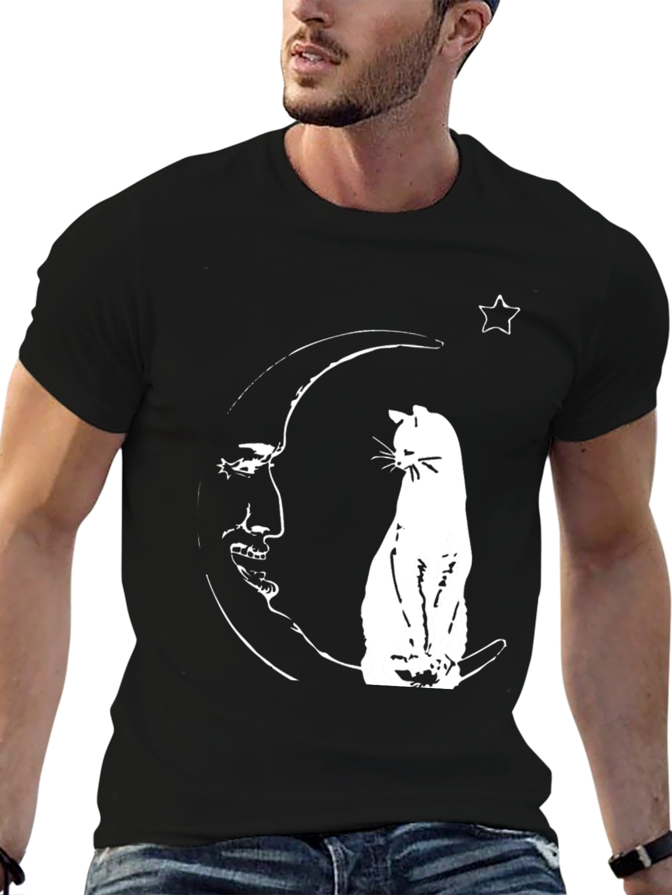 Cat On Moon Graphic Tee - Black Cotton Shirt