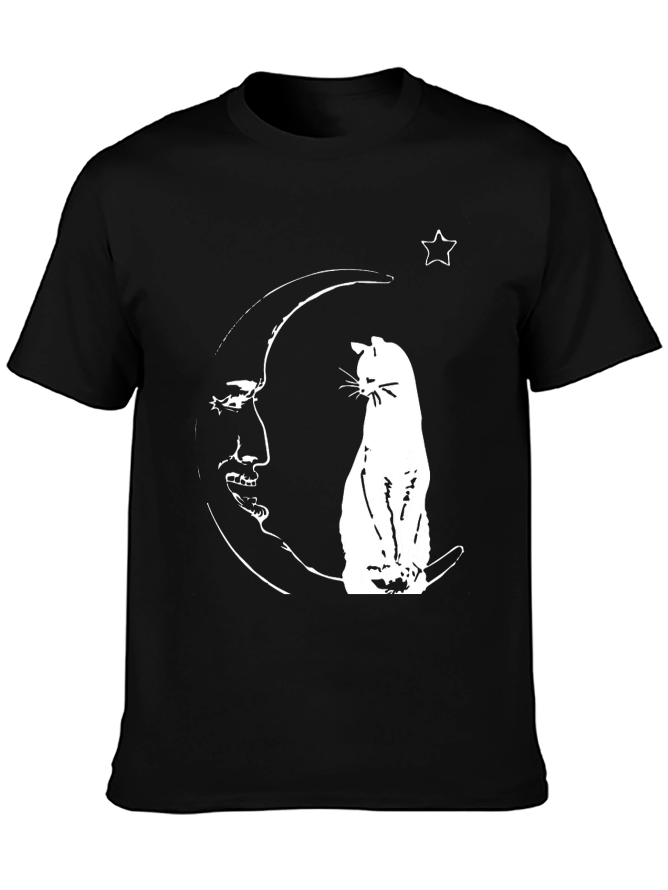 Cat On Moon Graphic Tee - Black Cotton Shirt