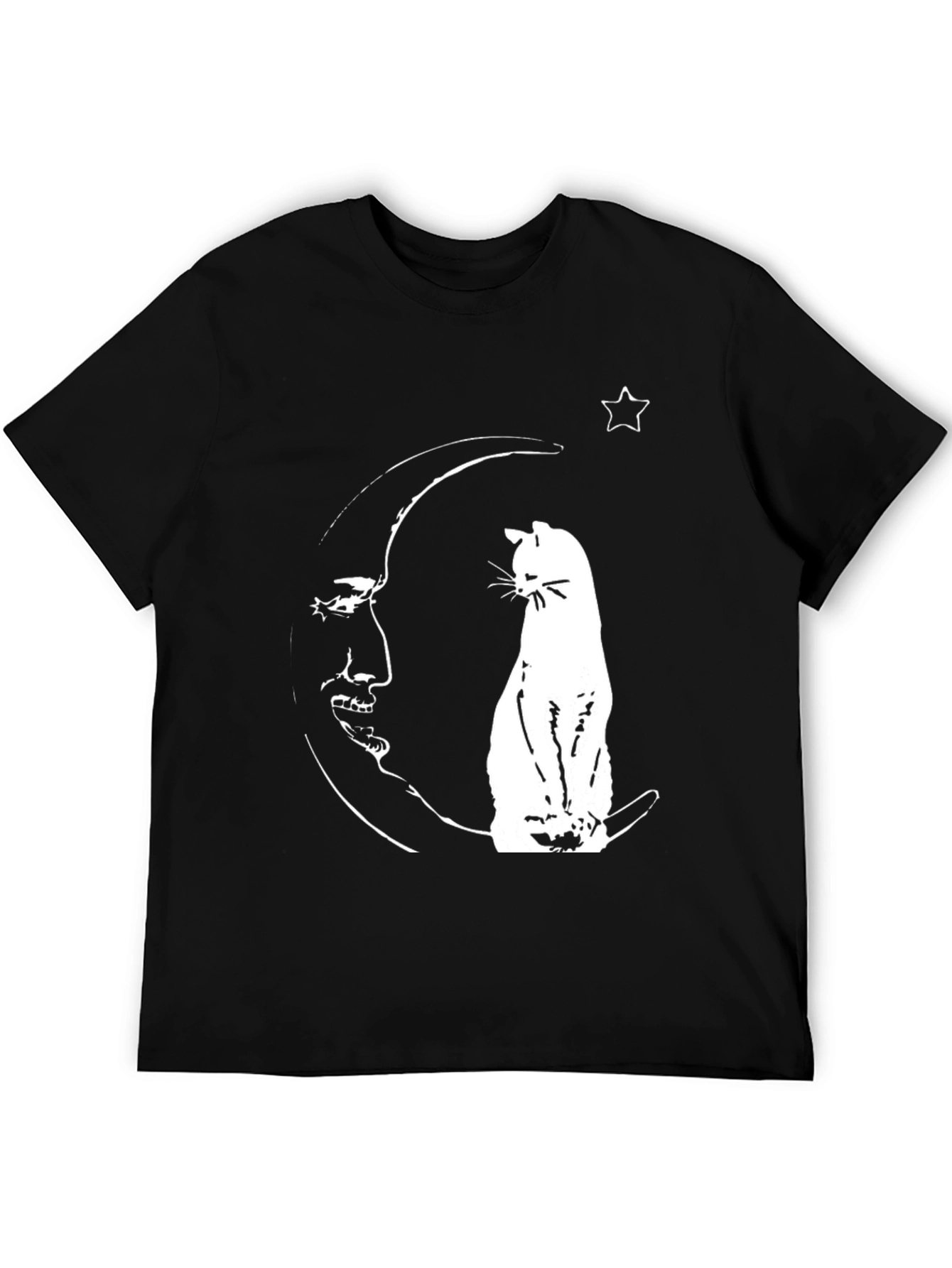 Cat On Moon Graphic Tee - Black Cotton Shirt
