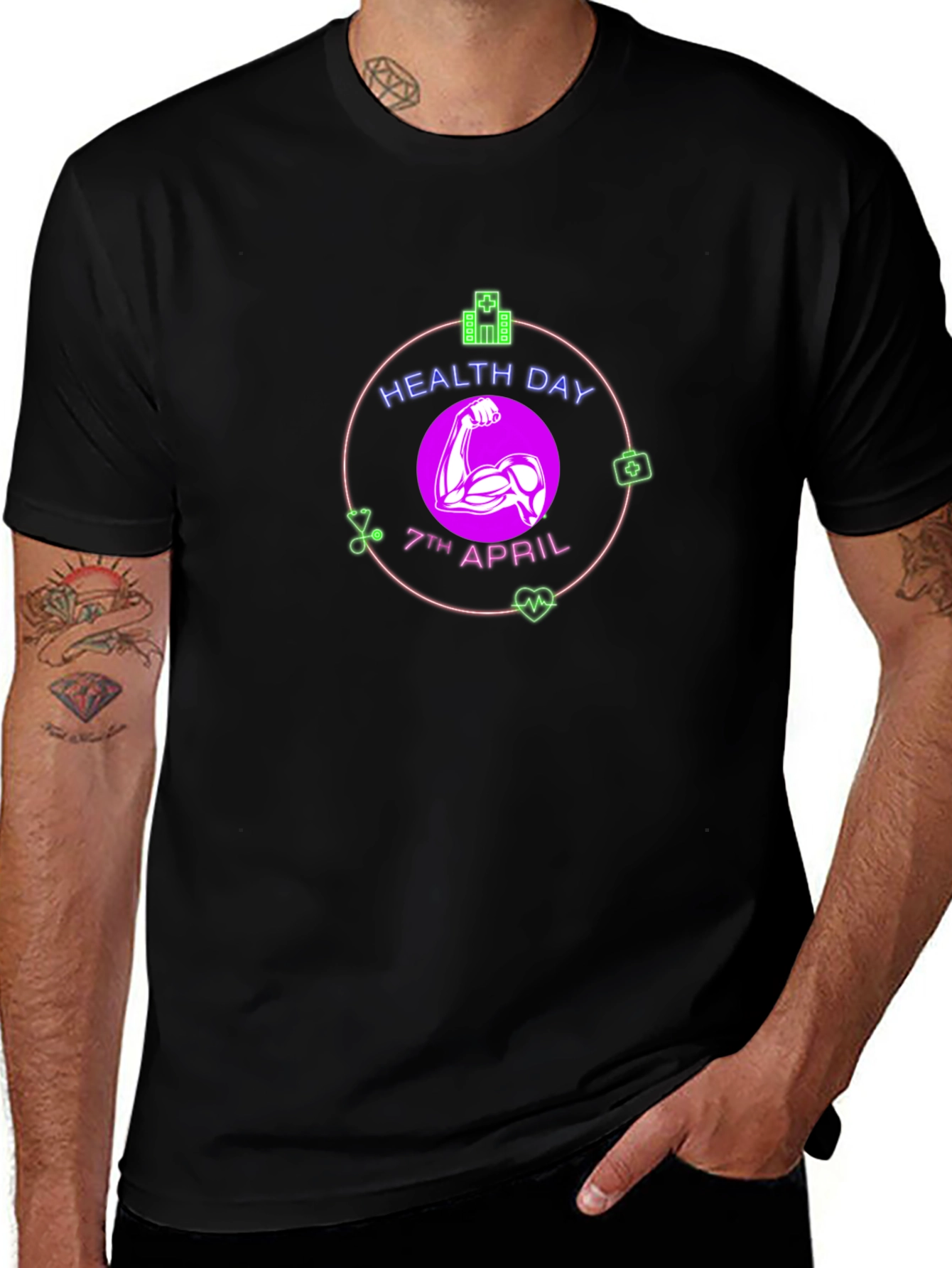 Health Day Black T-Shirt - 7th April Design