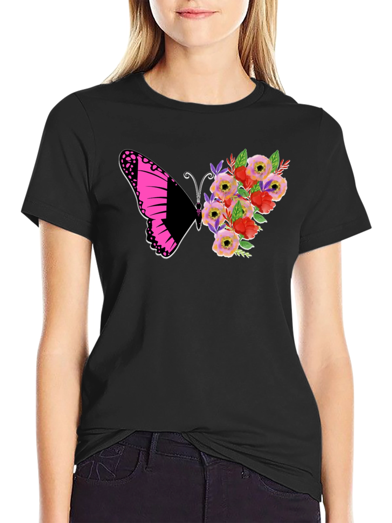 Butterfly Floral Graphic Tee - Black
