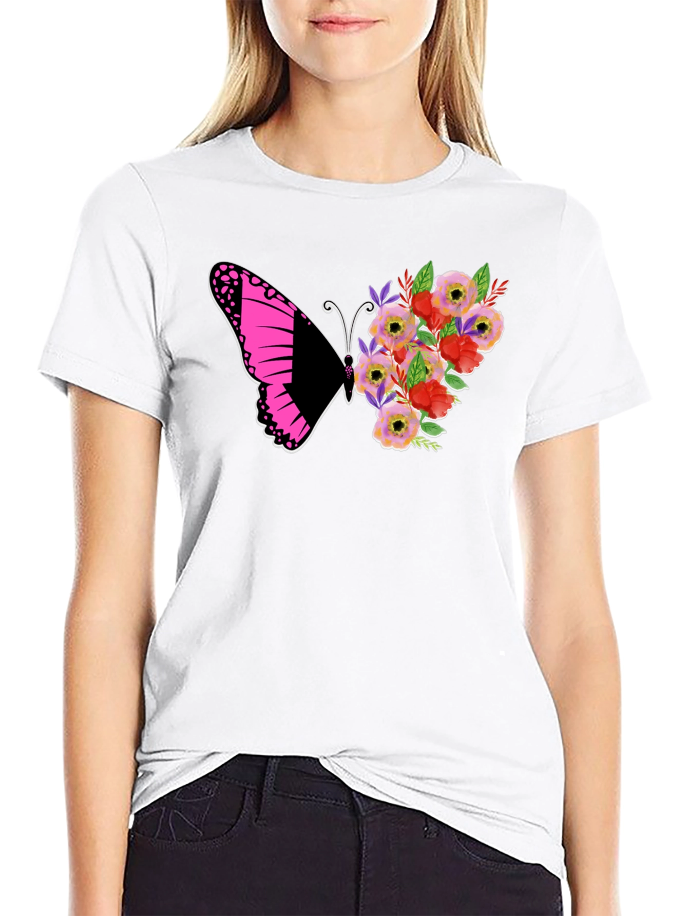 Butterfly Floral Graphic Tee - Black