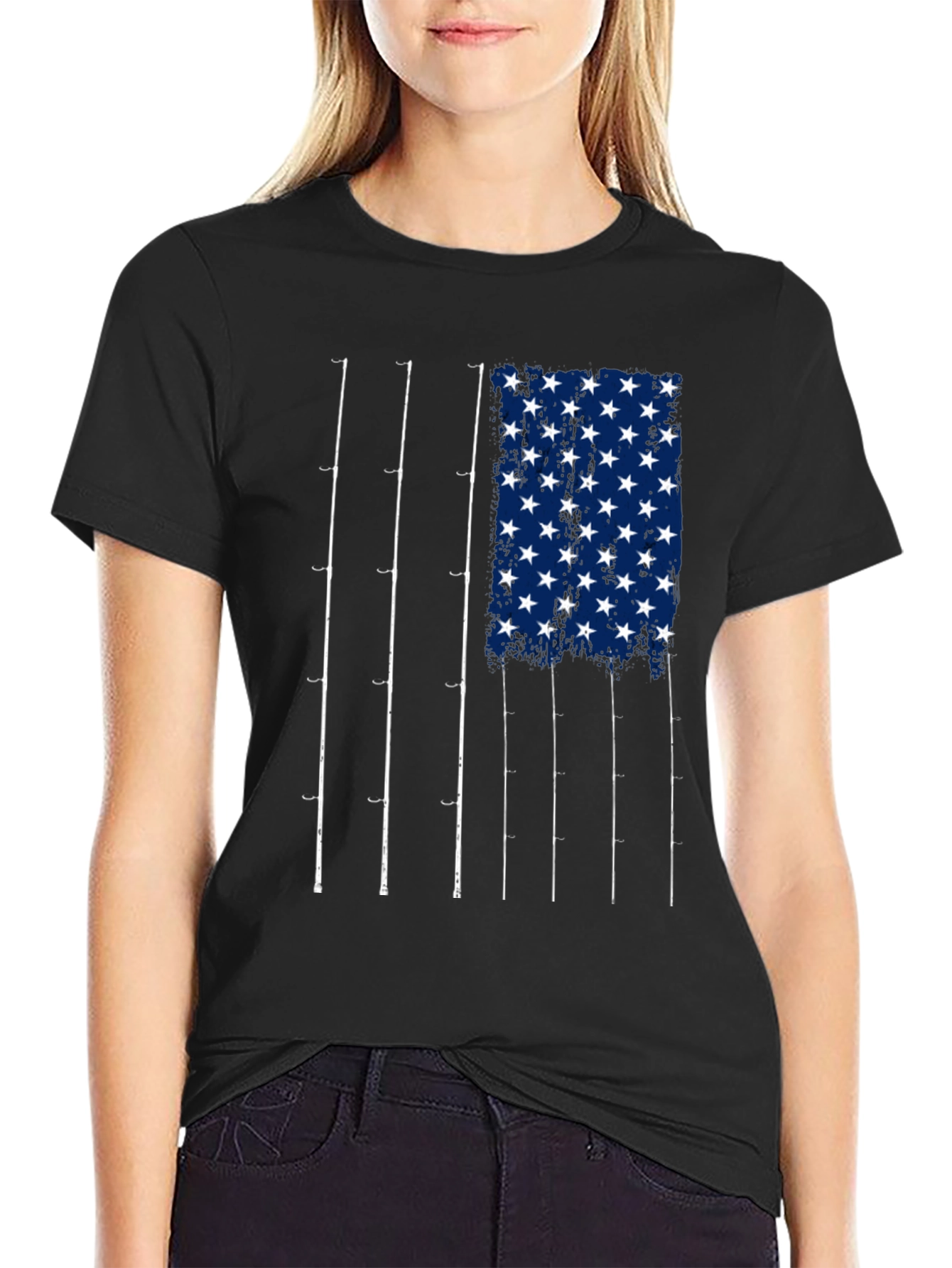 Fishing Rod American Flag Graphic T-Shirt