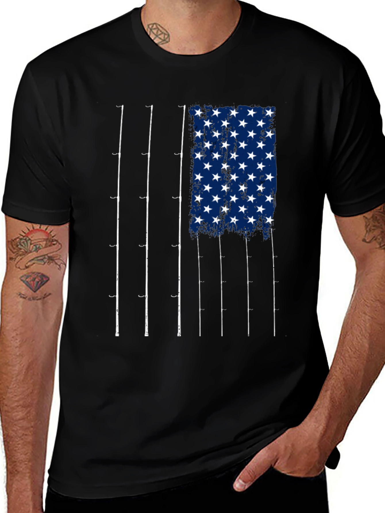 Fishing Rod American Flag Graphic T-Shirt