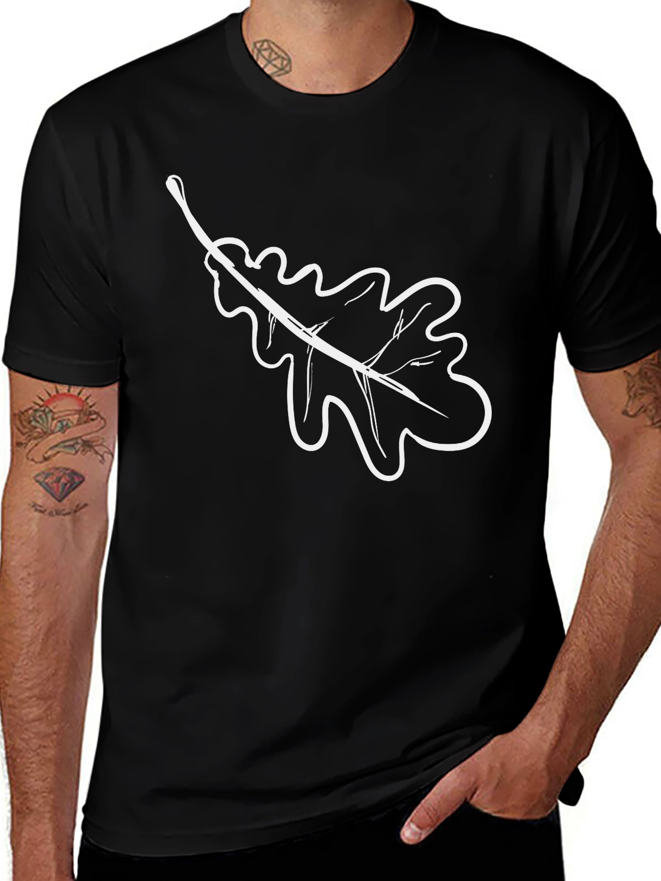 Black T-Shirt with White Oak Leaf Design