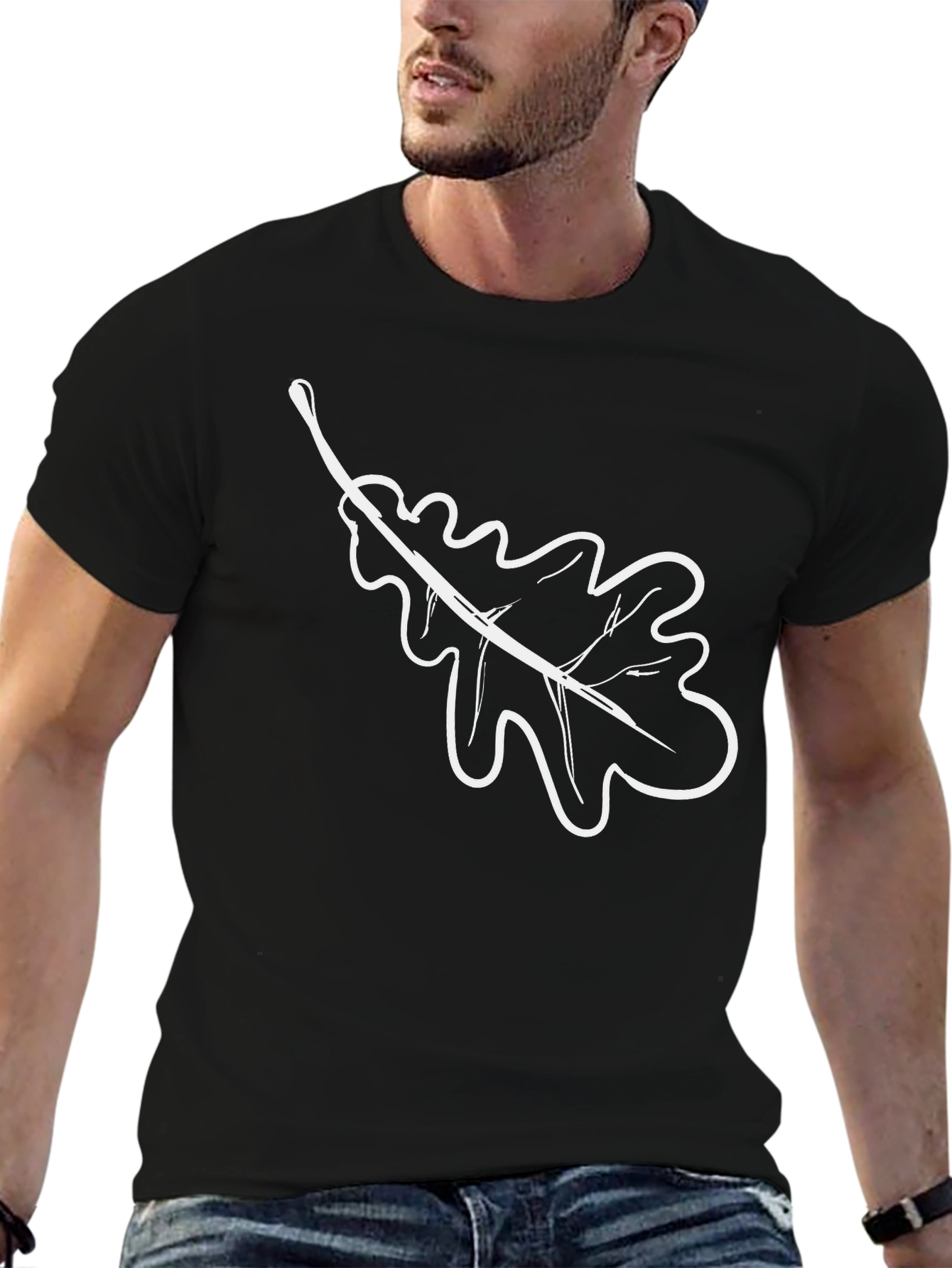 Black T-Shirt with White Oak Leaf Design