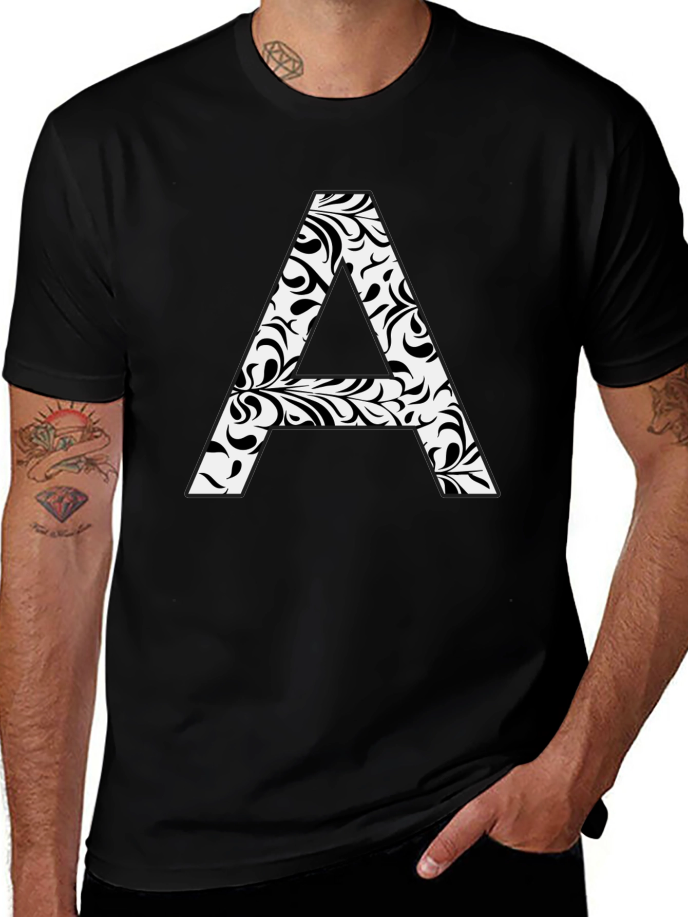 Stylish Black Tee with Floral Letter A Design