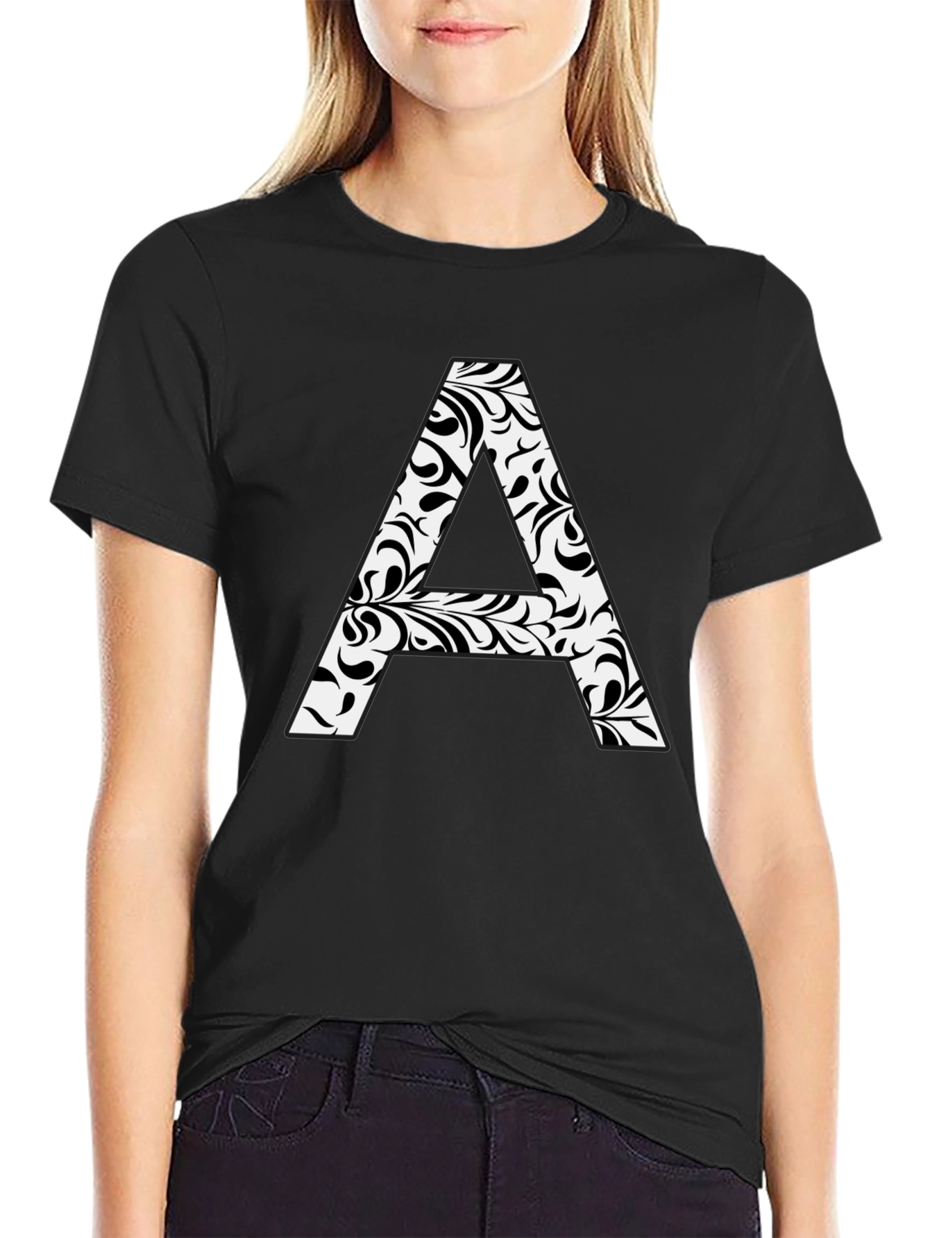 Stylish Black Tee with Floral Letter A Design