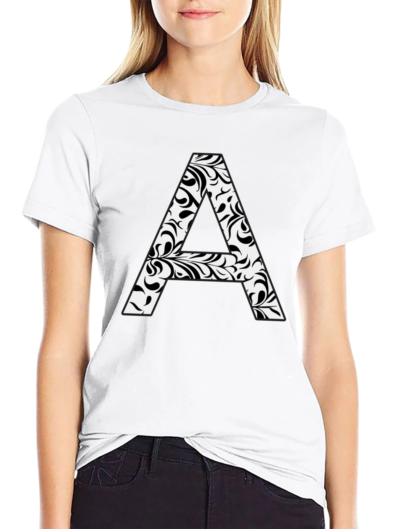 Stylish Black Tee with Floral Letter A Design
