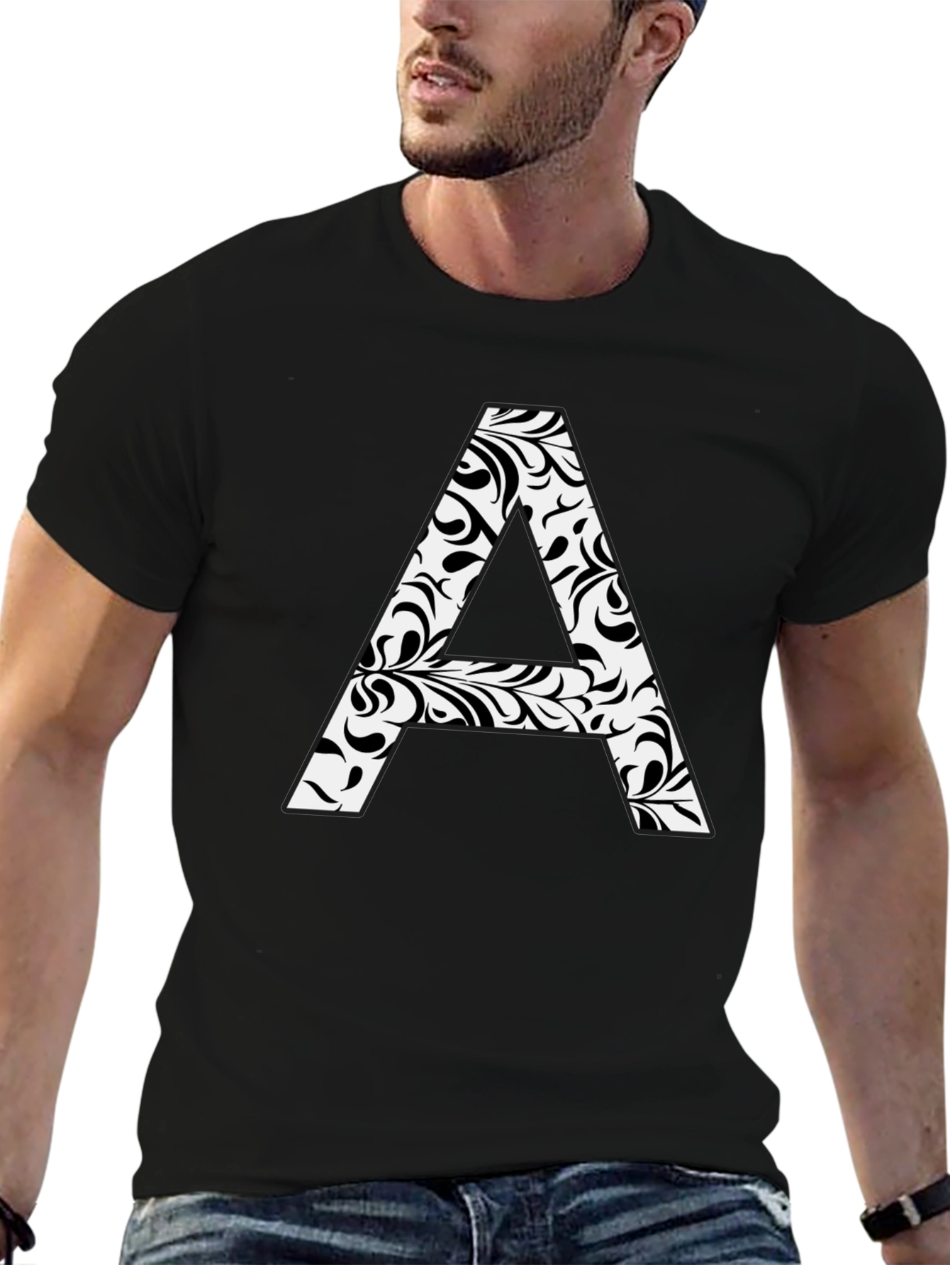 Stylish Black Tee with Floral Letter A Design