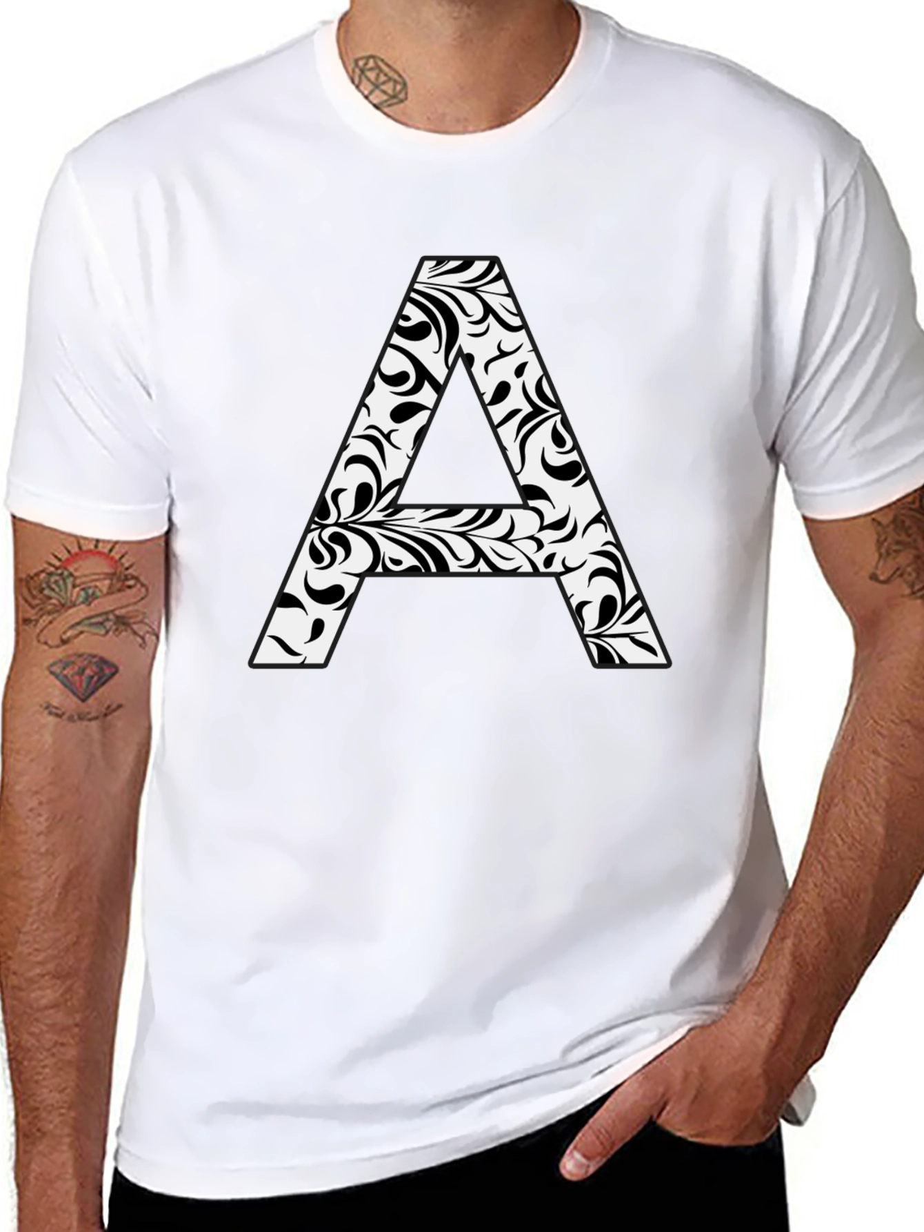 Stylish Black Tee with Floral Letter A Design
