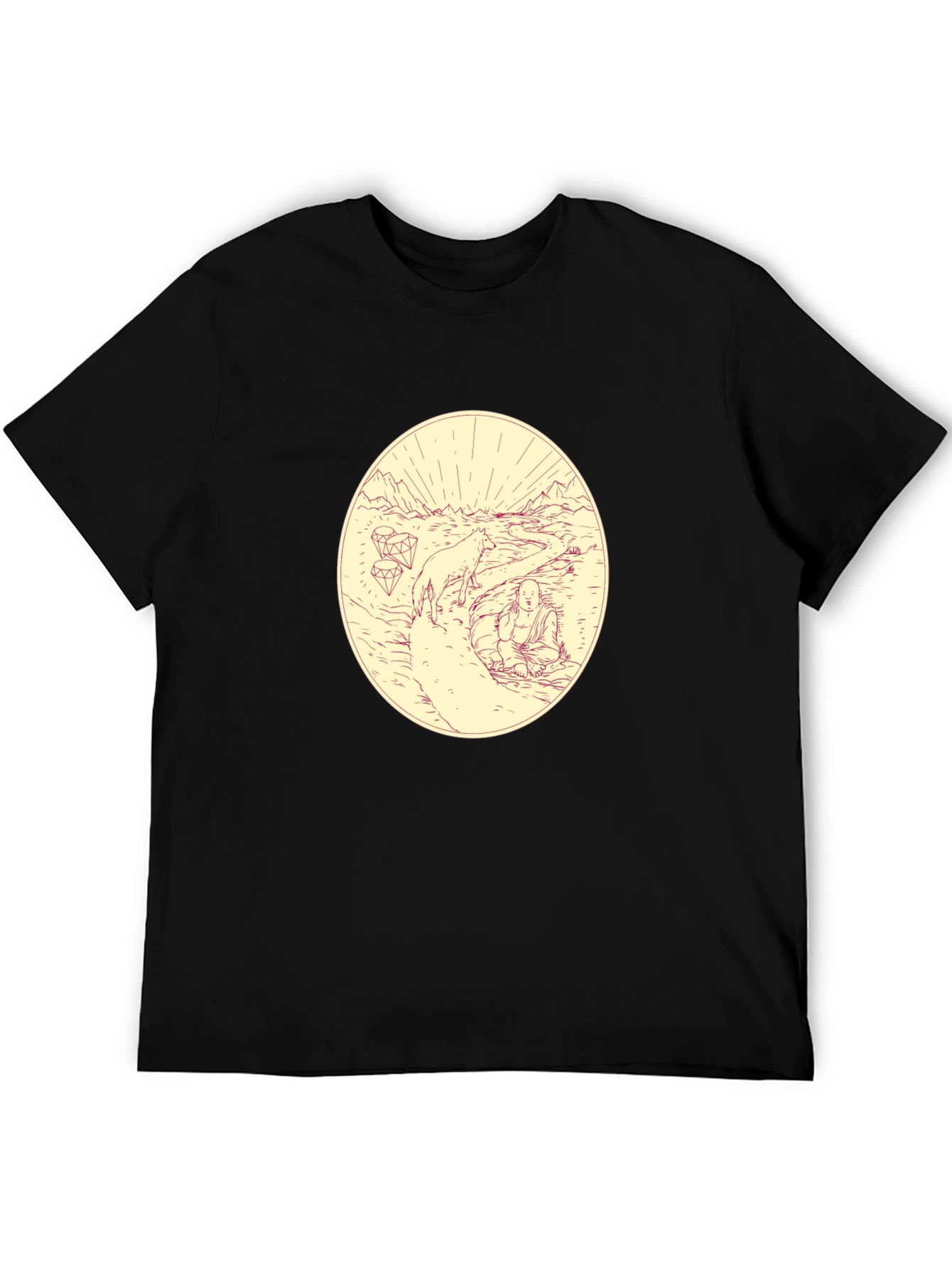 Meditative Wolf Graphic Tee - Black Cotton Blend Shirt