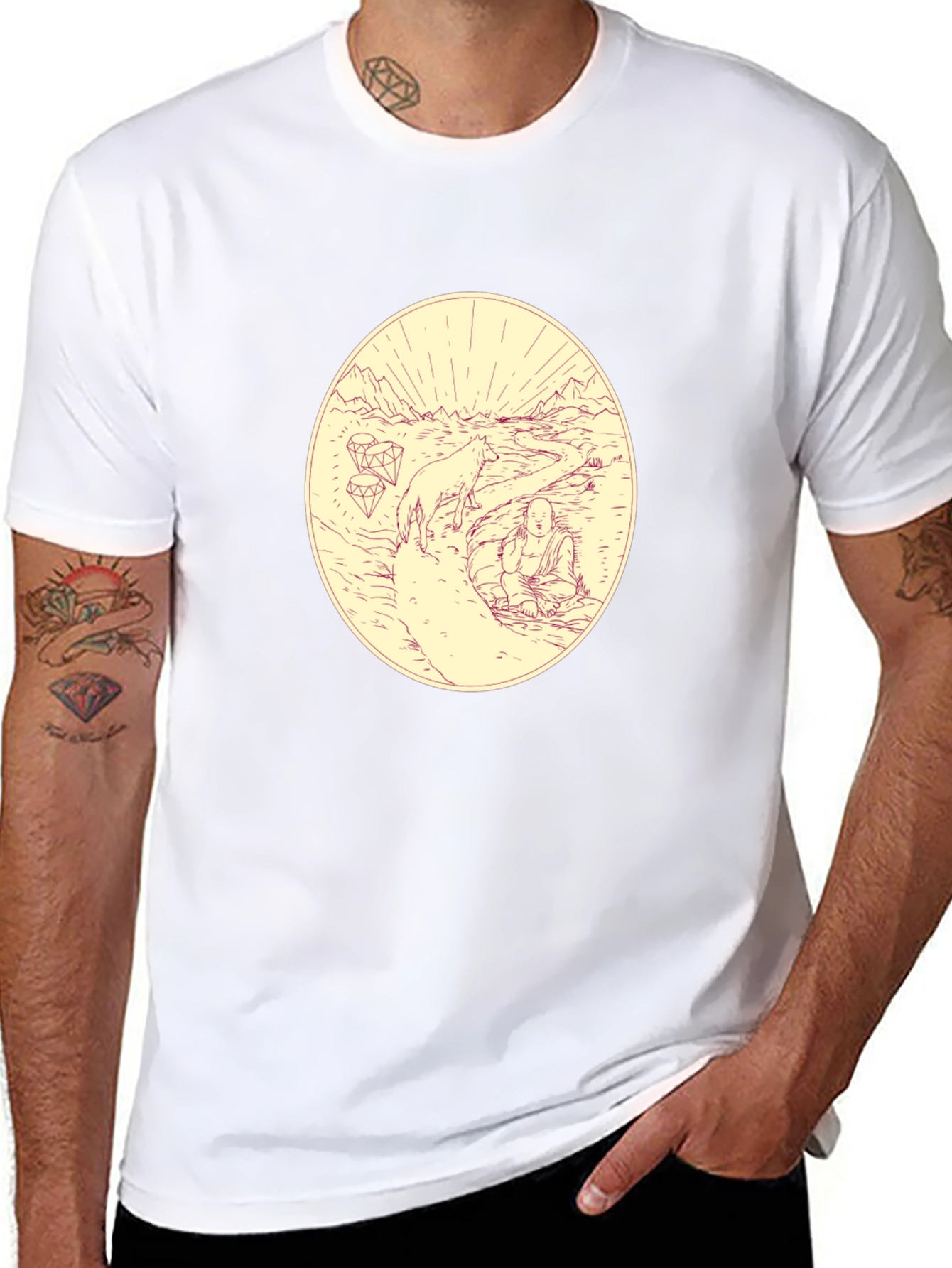 Meditative Wolf Graphic Tee - Black Cotton Blend Shirt