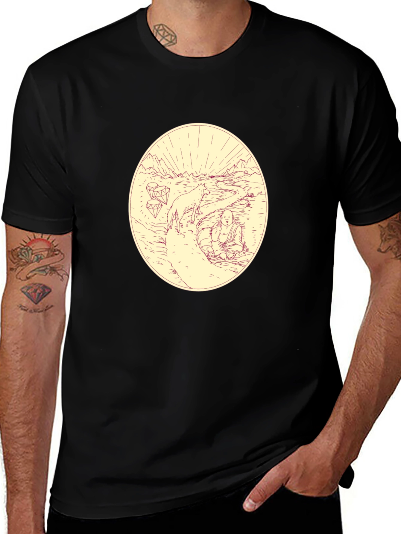 Meditative Wolf Graphic Tee - Black Cotton Blend Shirt