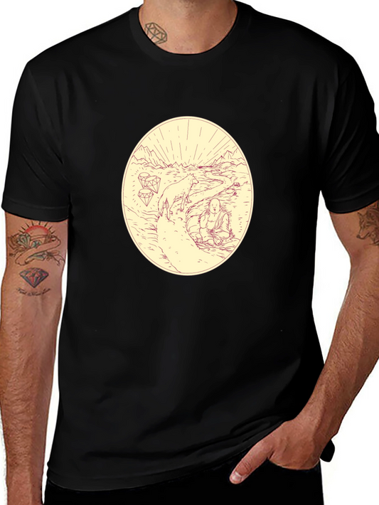 Meditative Wolf Graphic Tee - Black Cotton Blend Shirt