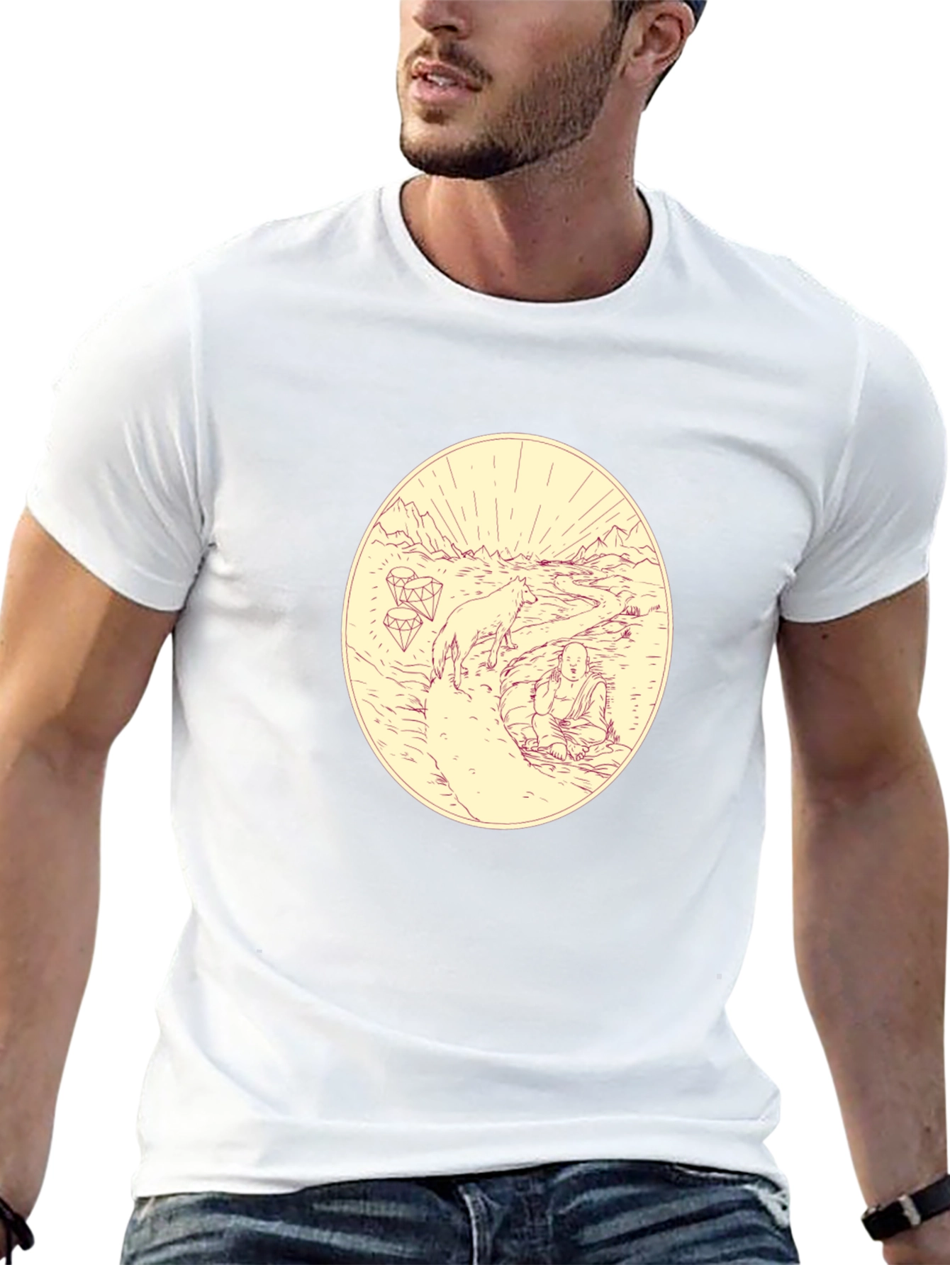 Meditative Wolf Graphic Tee - Black Cotton Blend Shirt