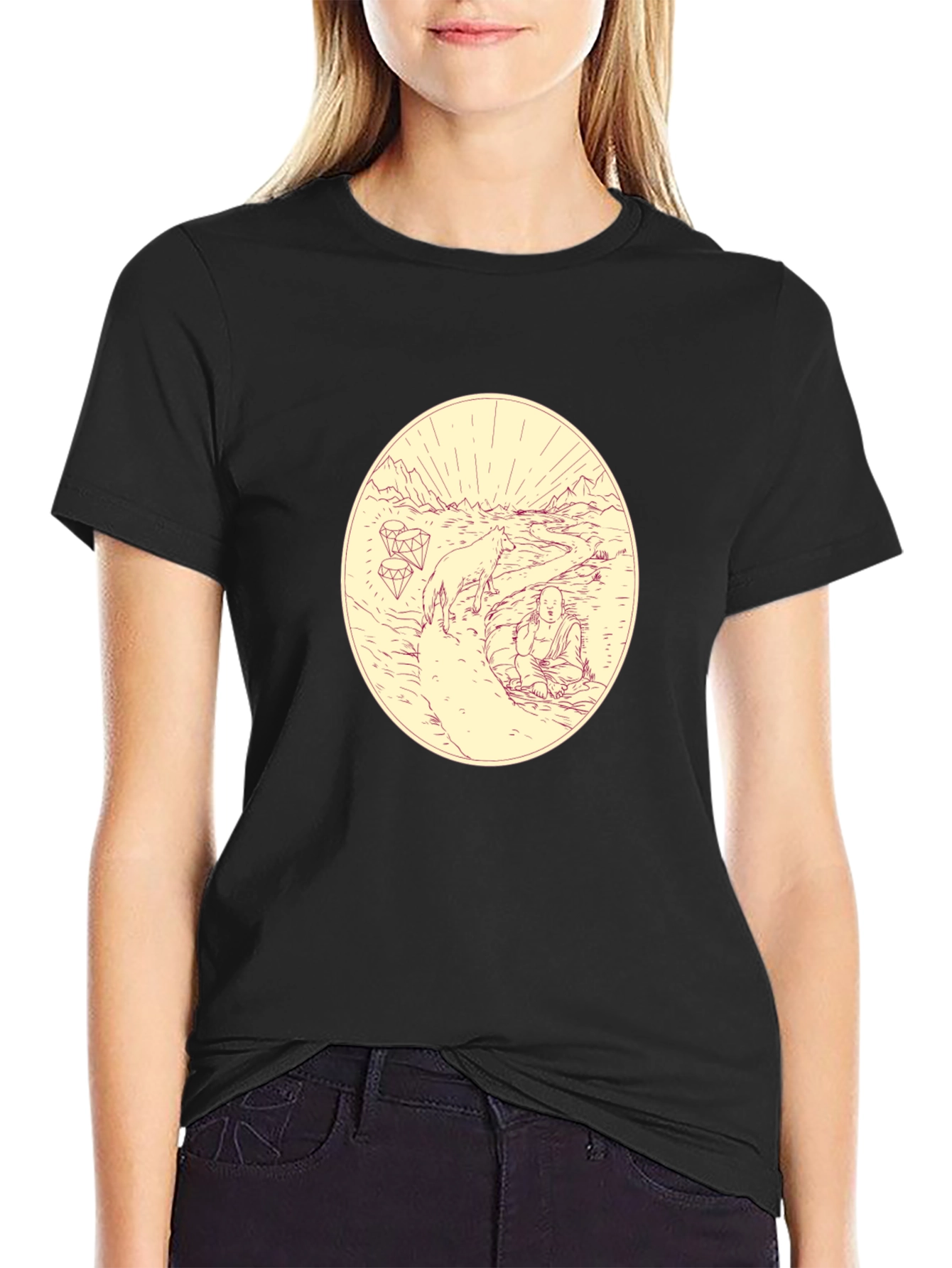 Meditative Wolf Graphic Tee - Black Cotton Blend Shirt