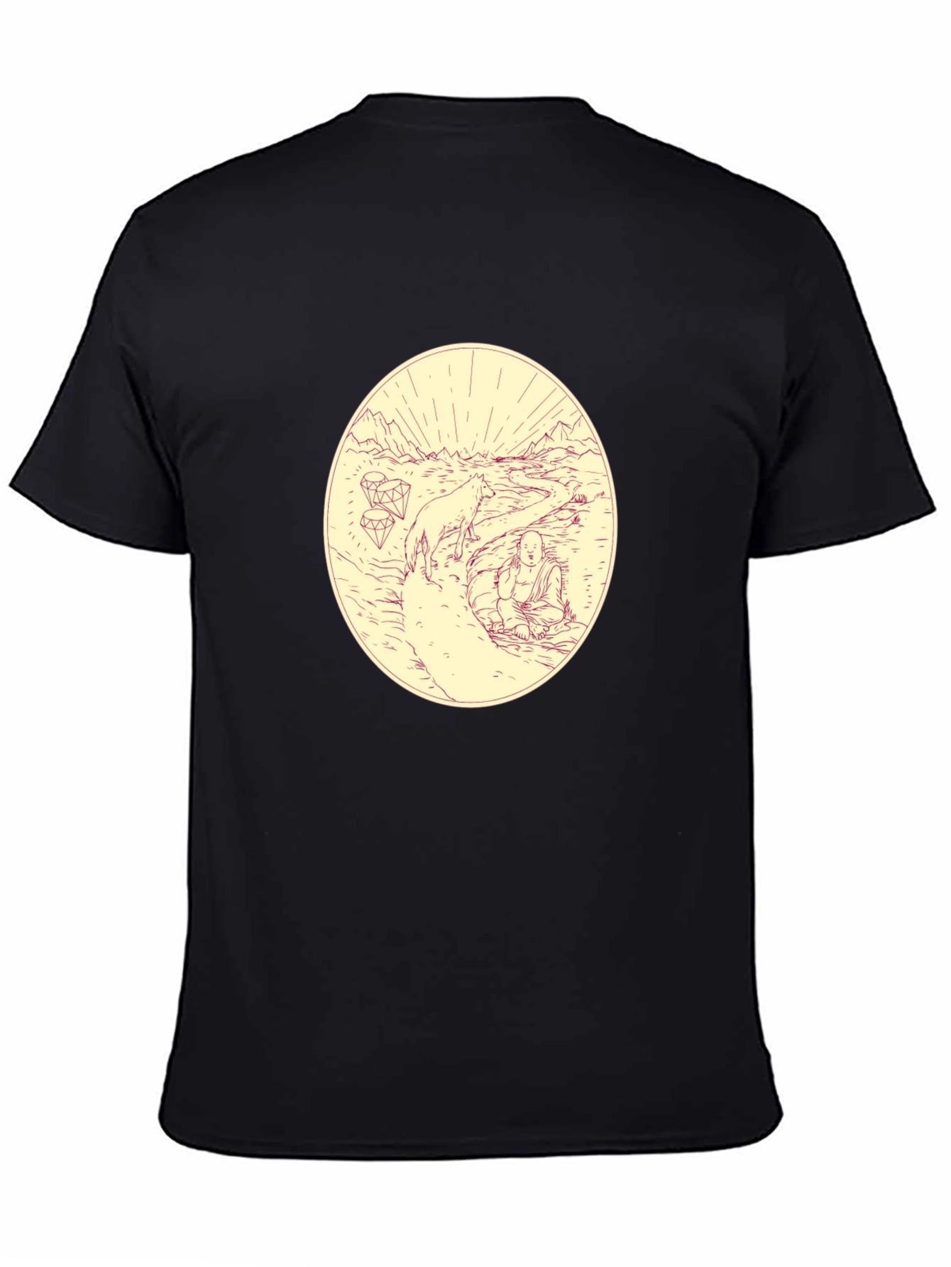 Meditative Wolf Graphic Tee - Black Cotton Blend Shirt