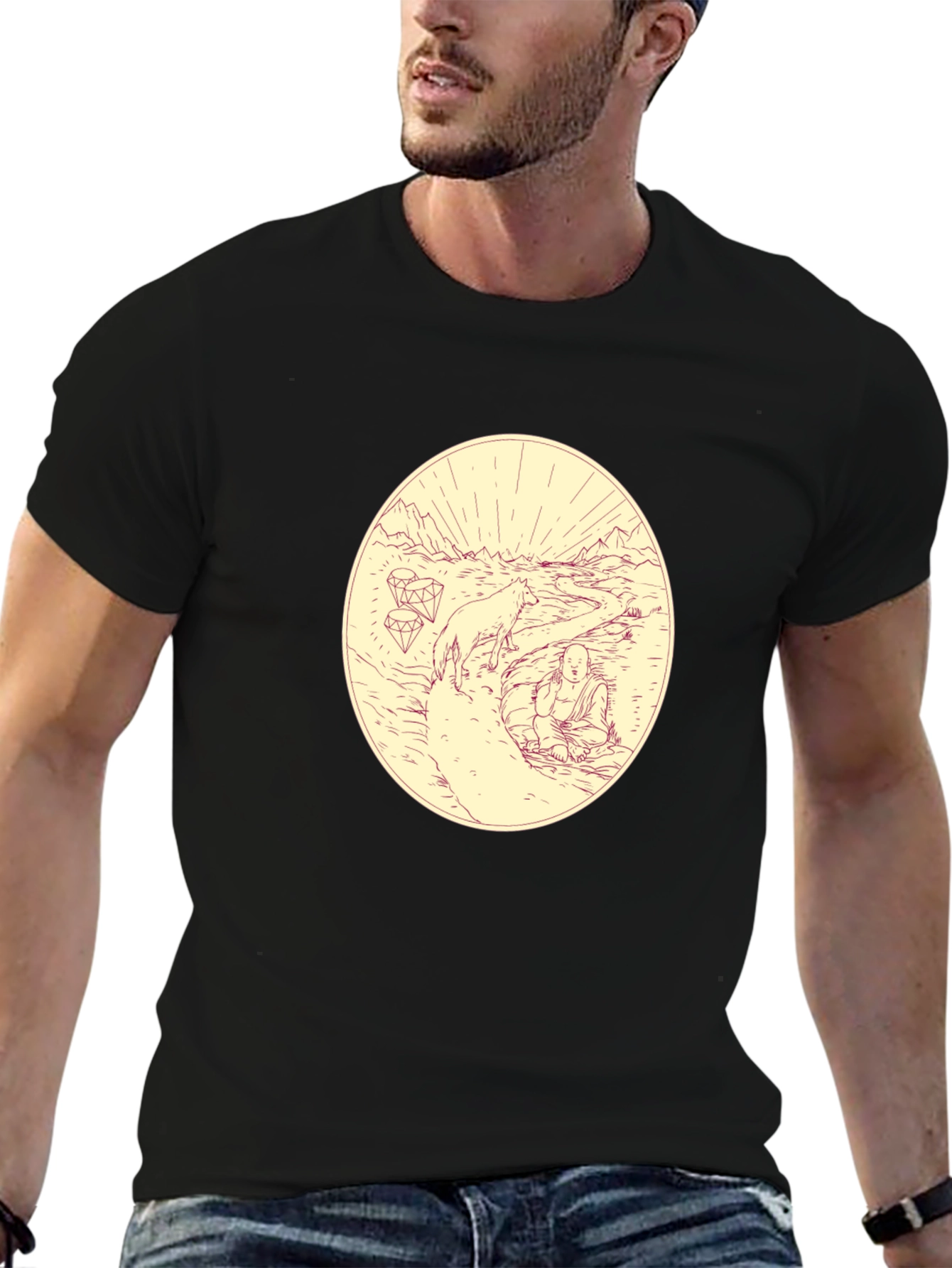 Meditative Wolf Graphic Tee - Black Cotton Blend Shirt