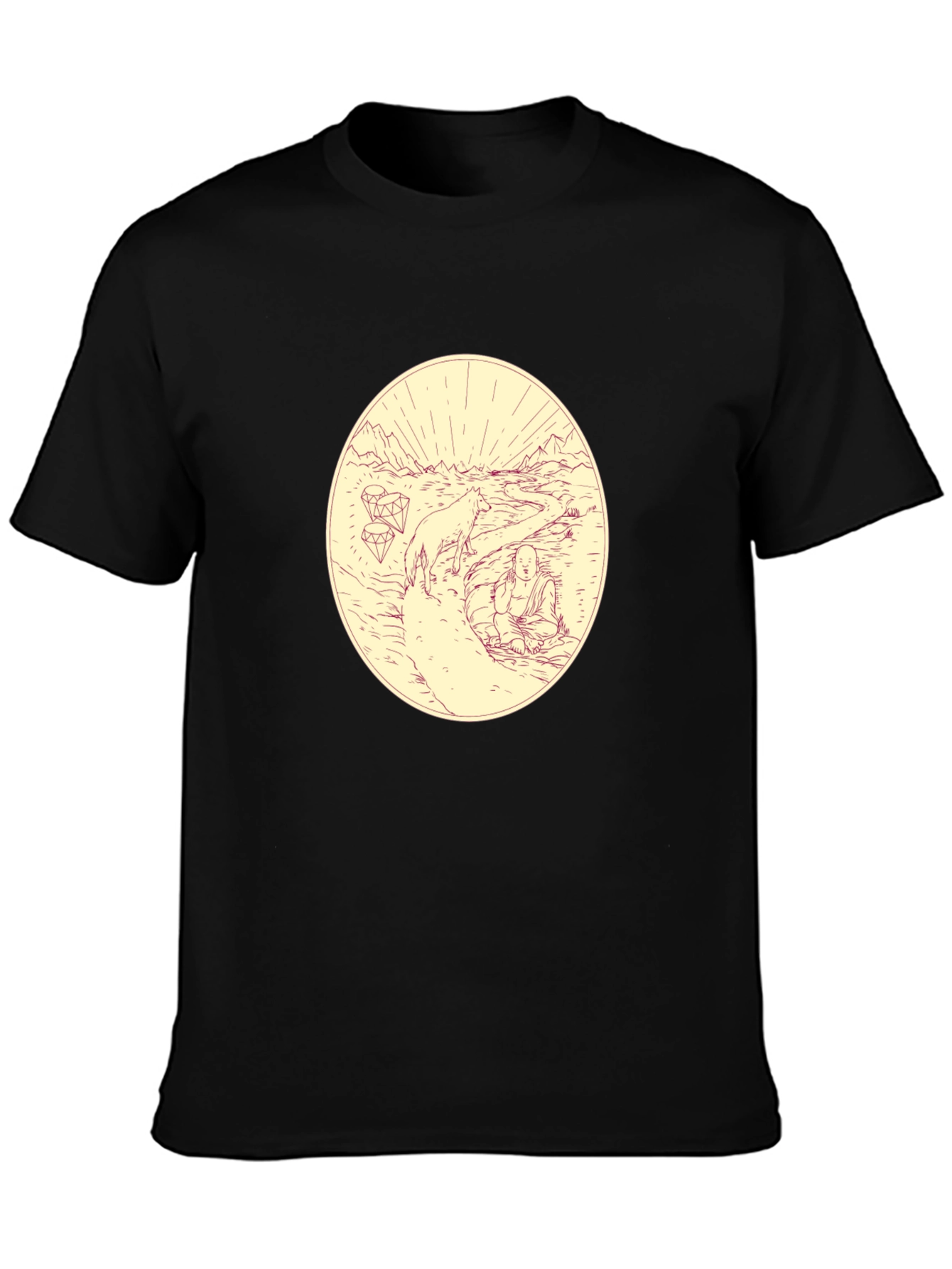 Meditative Wolf Graphic Tee - Black Cotton Blend Shirt