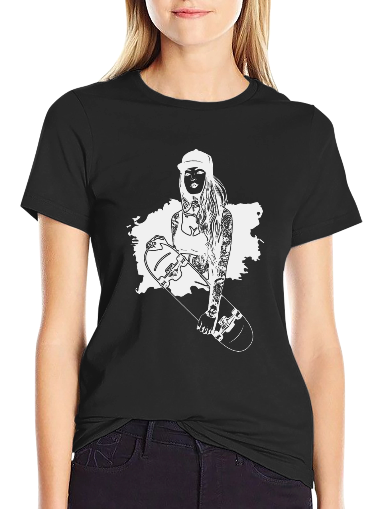 Black T-Shirt with Skater Girl Graphic