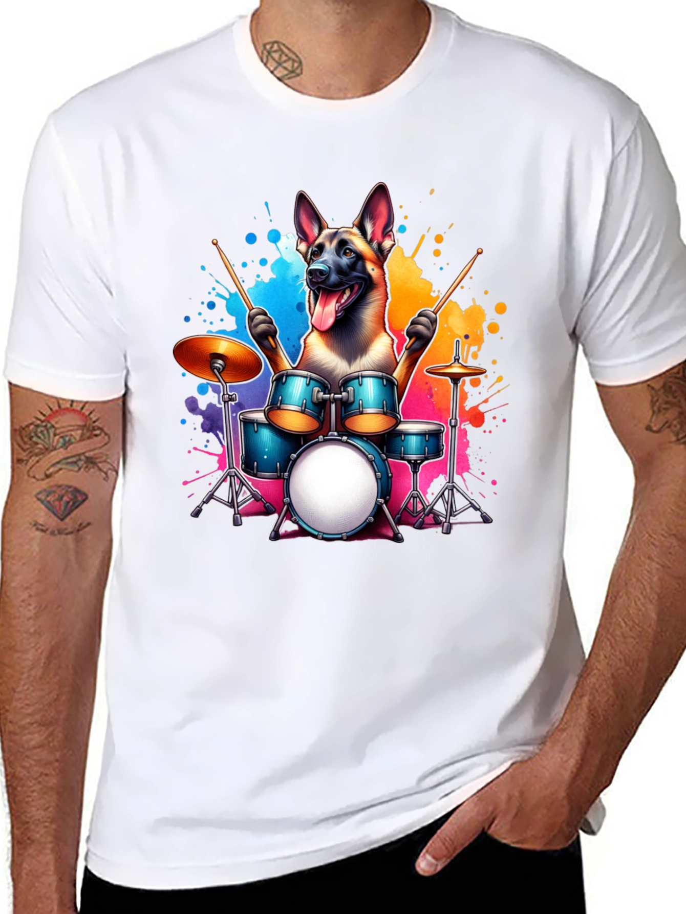 Drumming Dog T-Shirt – Belgian Malinois Music Graphic Tee