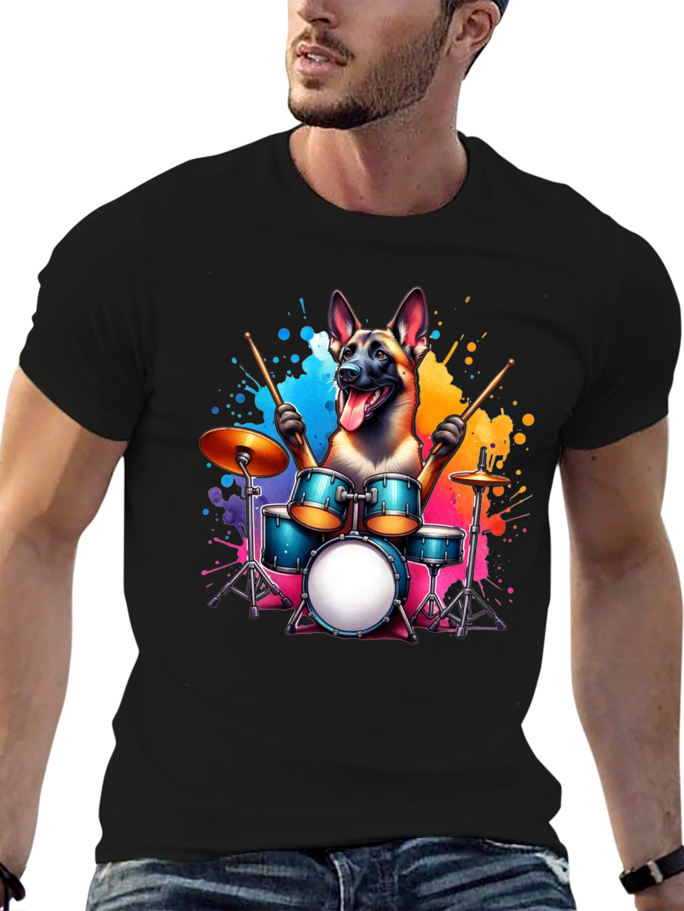 Drumming Dog T-Shirt – Belgian Malinois Music Graphic Tee