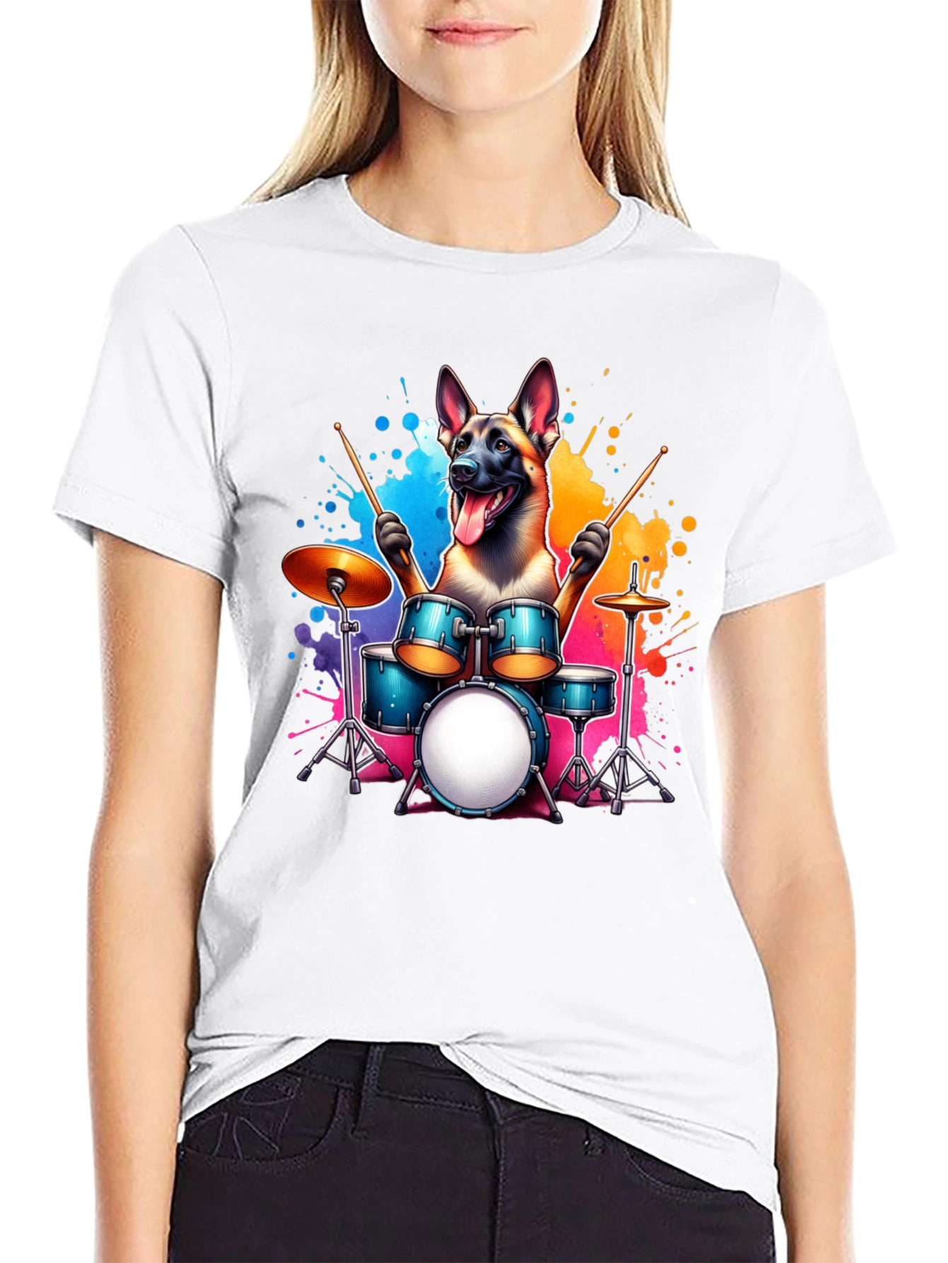 Drumming Dog T-Shirt – Belgian Malinois Music Graphic Tee