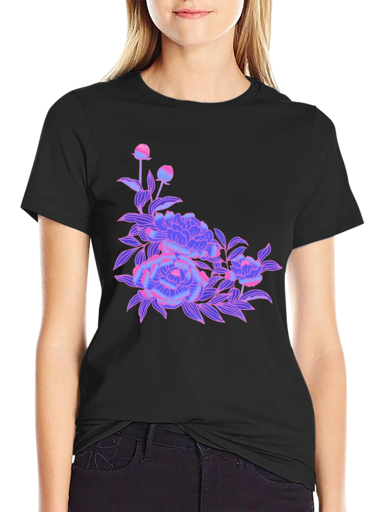 Black T-Shirt with Neon Floral Design