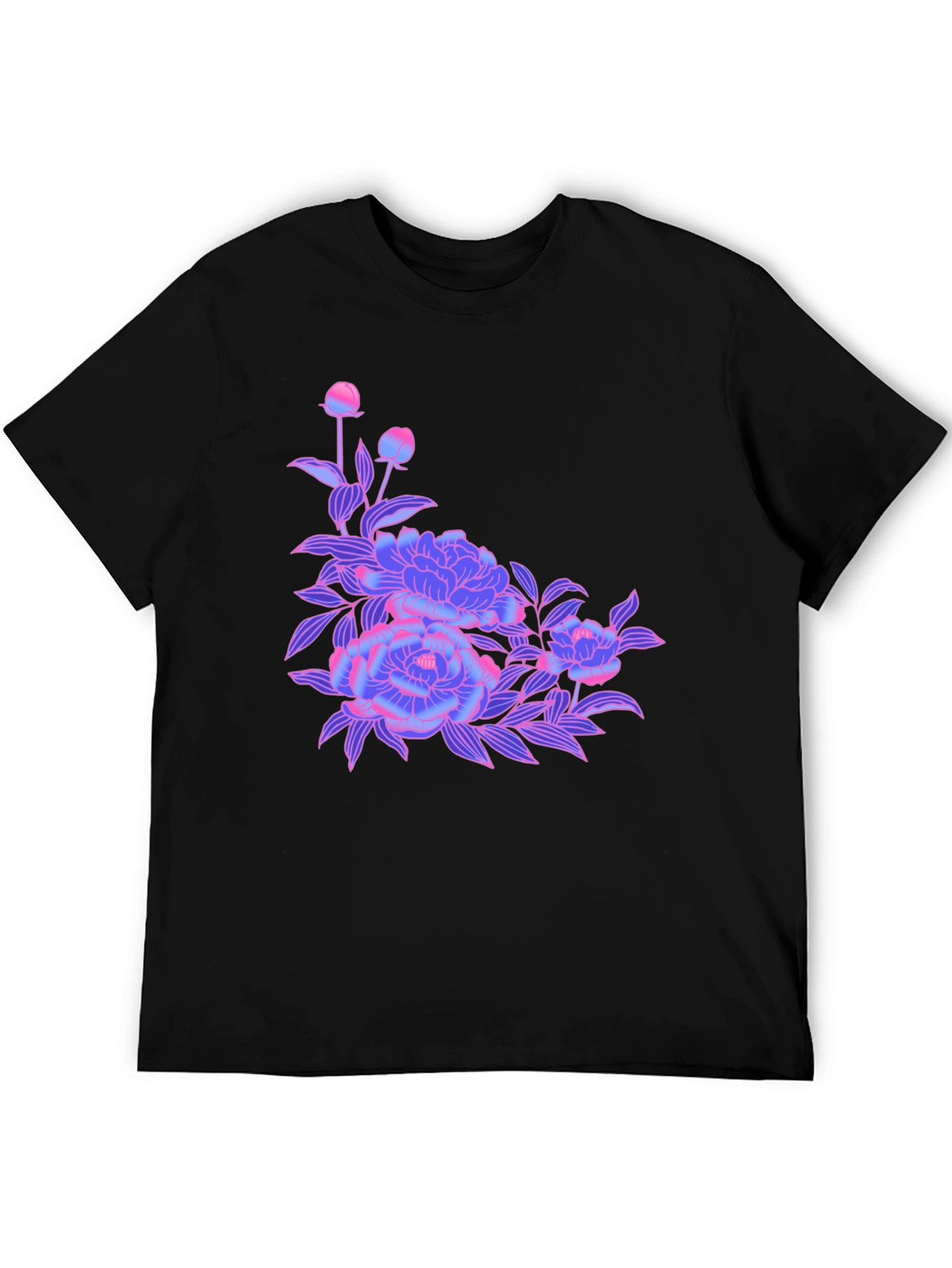 Black T-Shirt with Neon Floral Design