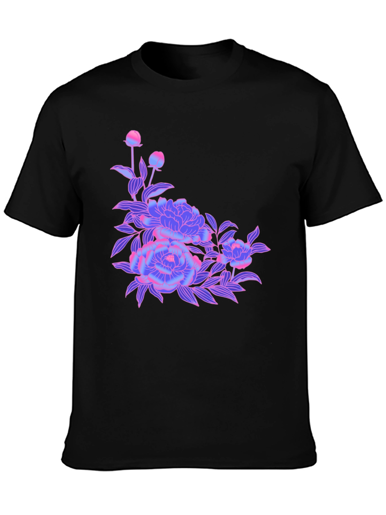 Black T-Shirt with Neon Floral Design
